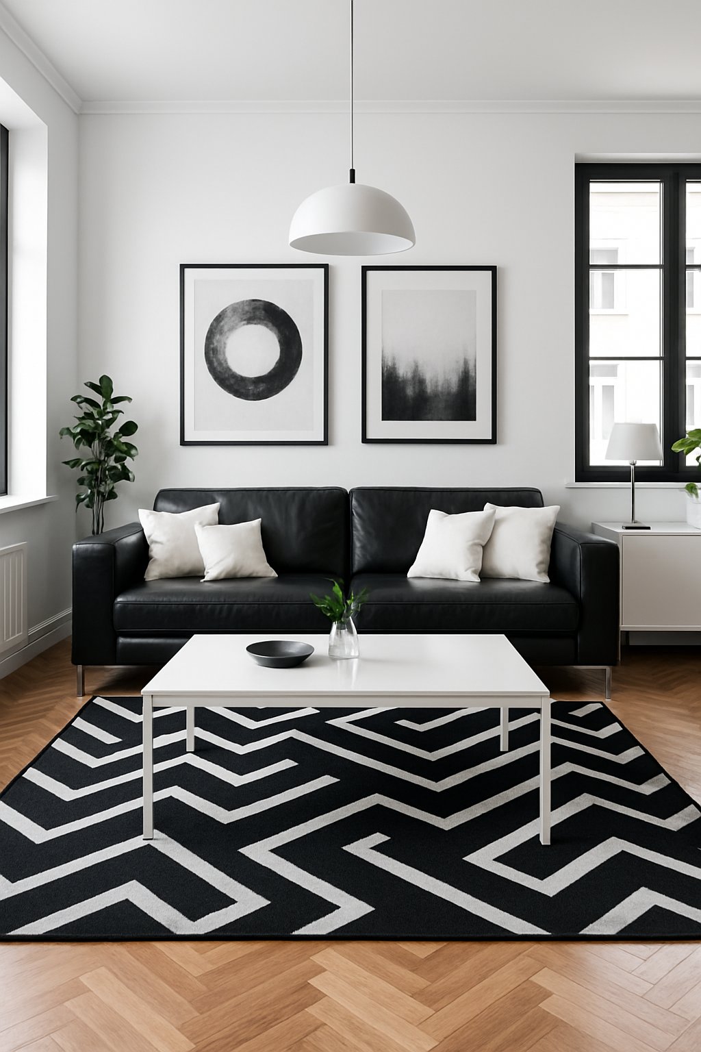 A spacious living room with a black sofa, white coffee table, patterned rug, large windows, and plants.
