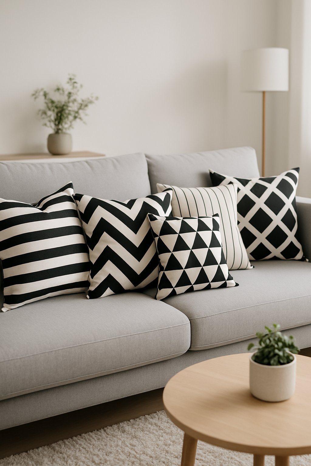 A living room with a sofa decorated with black and white geometric patterned throw pillows.