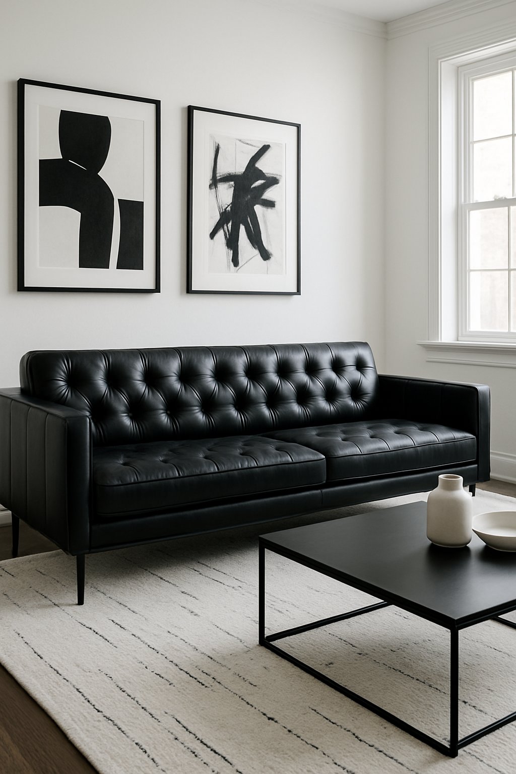 A living room with a black leather tufted sofa, white walls, black and white artwork, and a black coffee table.