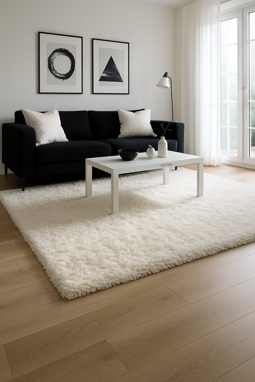Living room with a white shag rug, black sofa, white coffee table, and black and white decor.