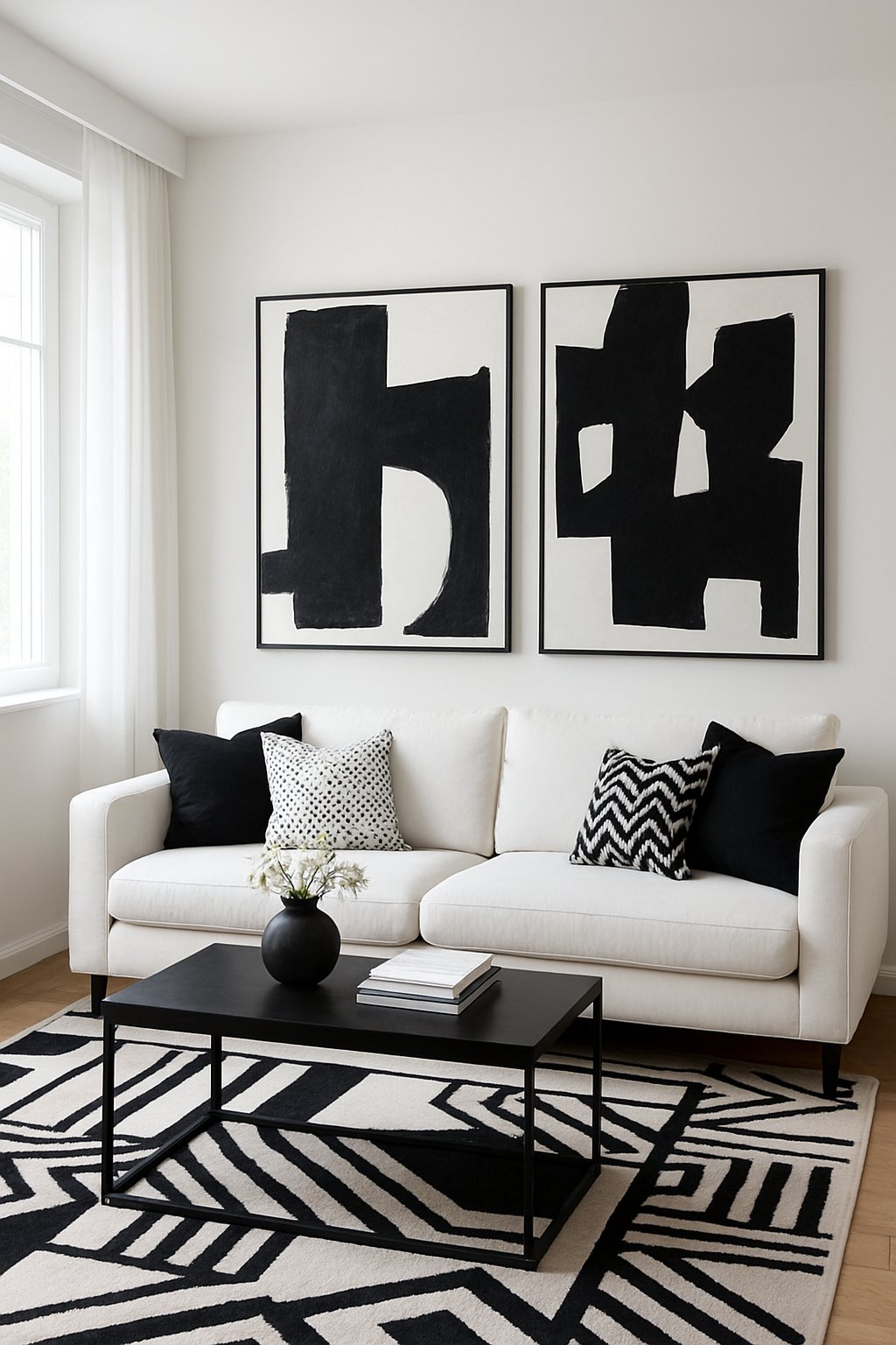A living room with a white sofa, black and white cushions, black and white abstract paintings on the wall, a black coffee table, and natural light coming through large windows.