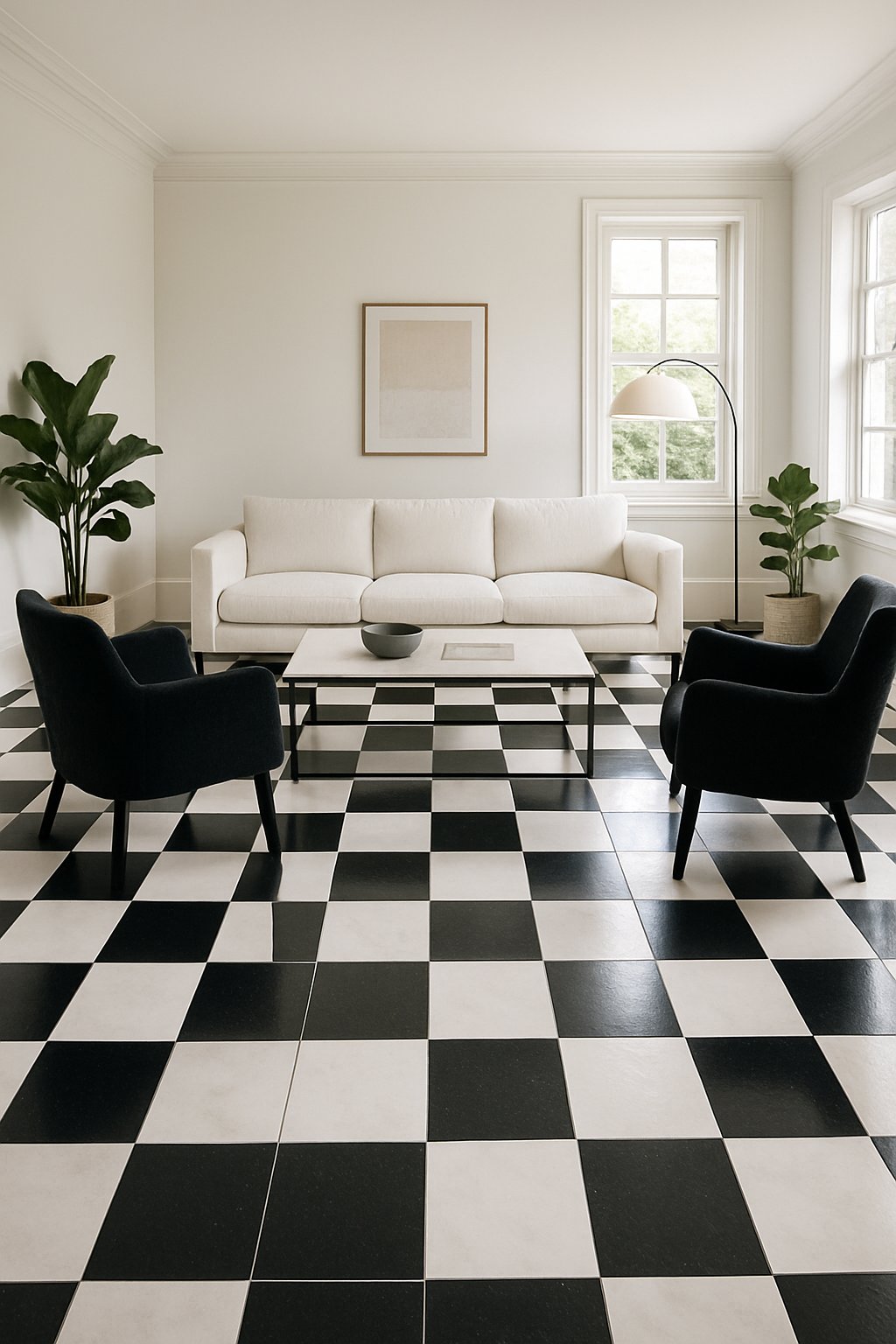 Living room with black and white checkerboard tile flooring, white sofa, black chairs, plants, and large windows.