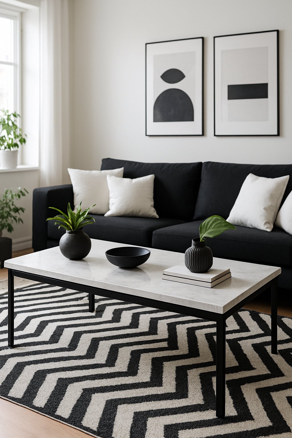 A living room with a white marble coffee table with black legs surrounded by black and white furniture and decor.
