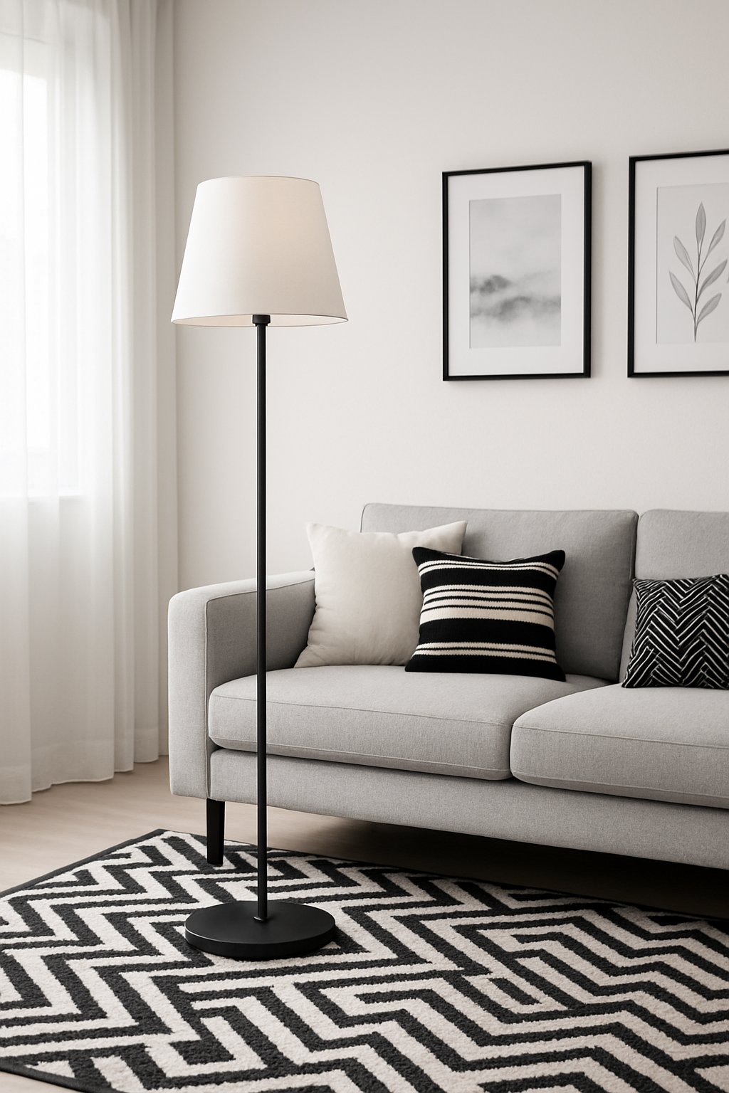 A living room with a black metal floor lamp with a white shade next to a sofa and black and white decor.