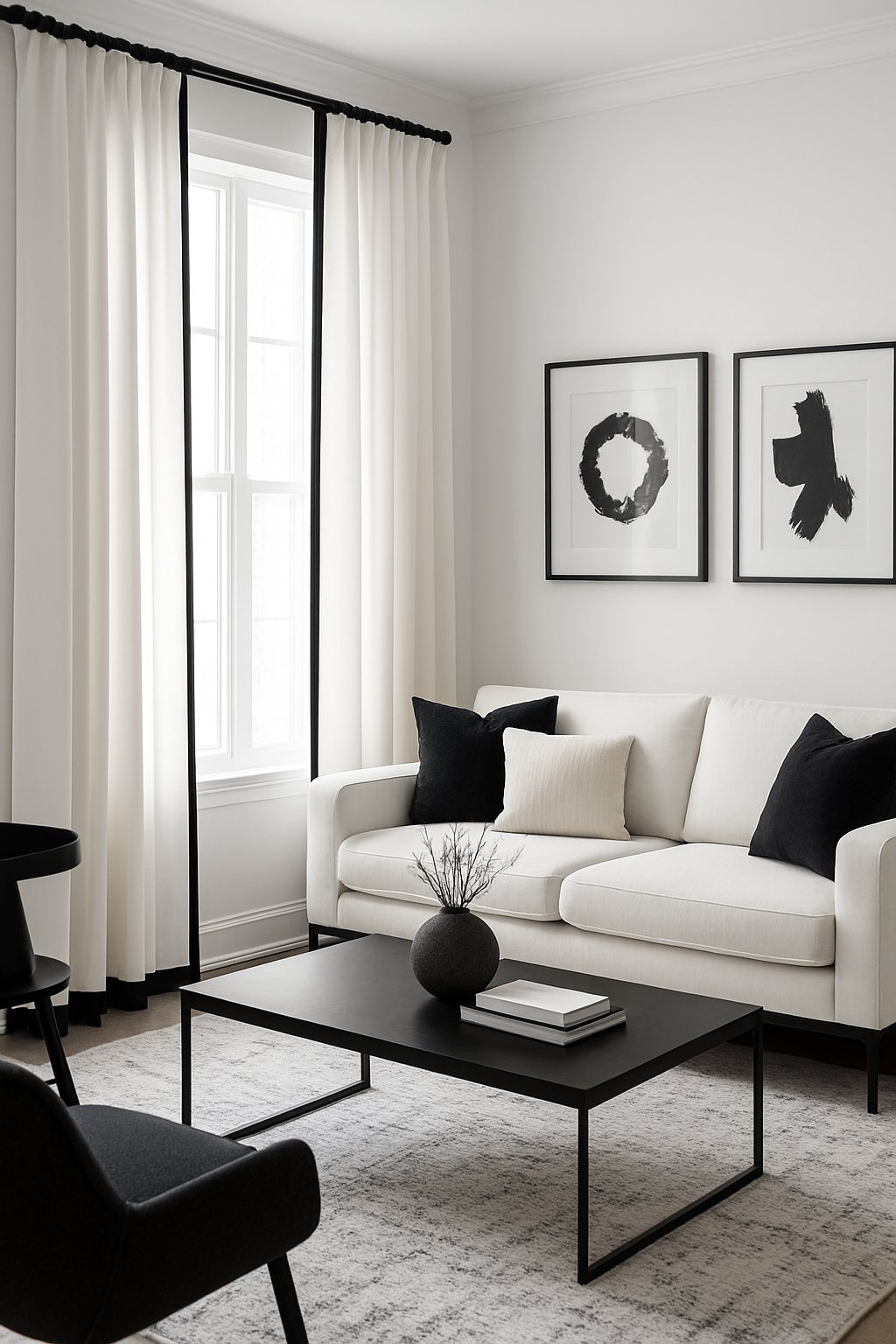 A living room with white curtains trimmed in black, a white sofa with black pillows, a black coffee table, and black and white artwork on the walls.