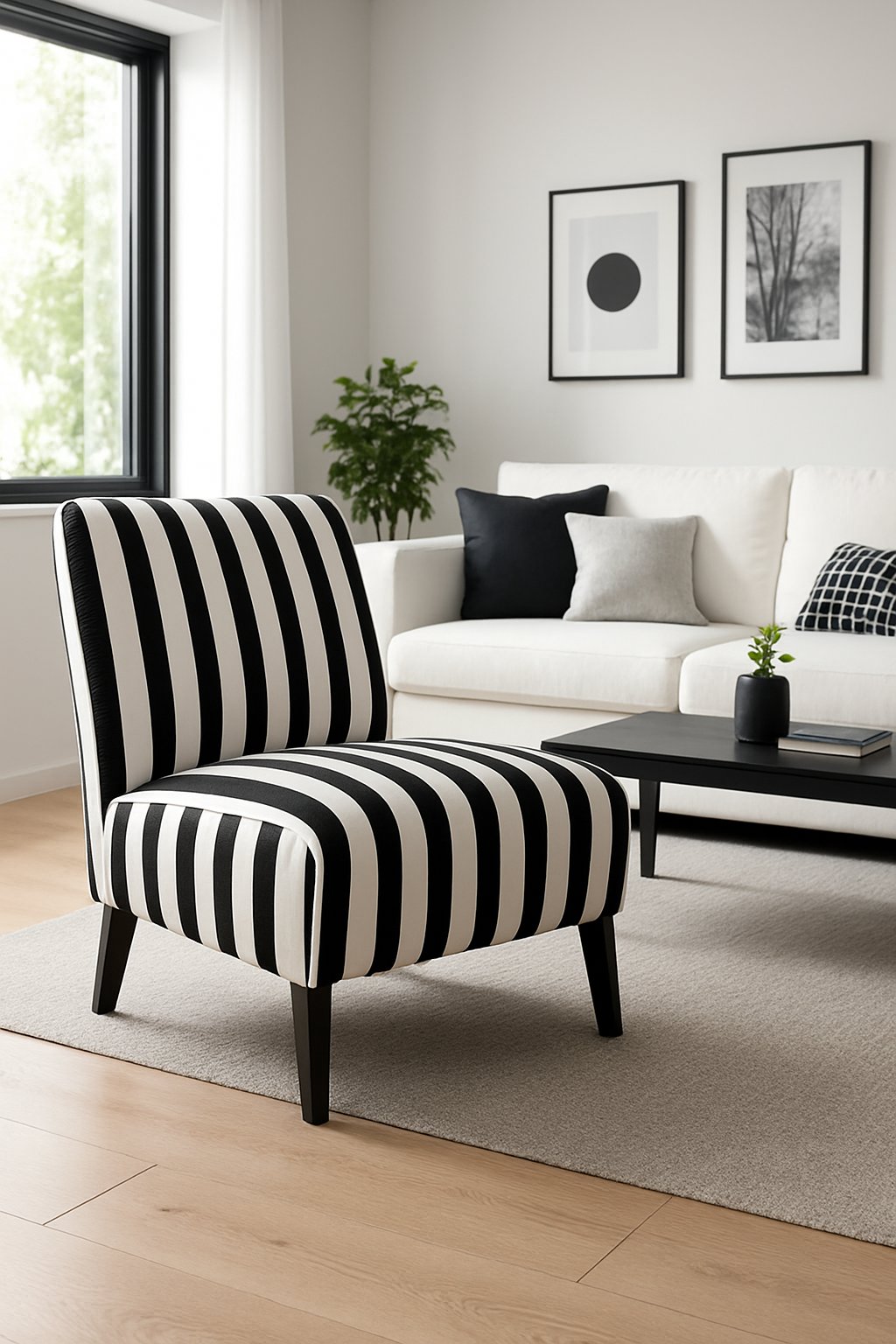 A living room with a black and white striped accent chair near a window, surrounded by a sofa, coffee table, plants, and wall art.