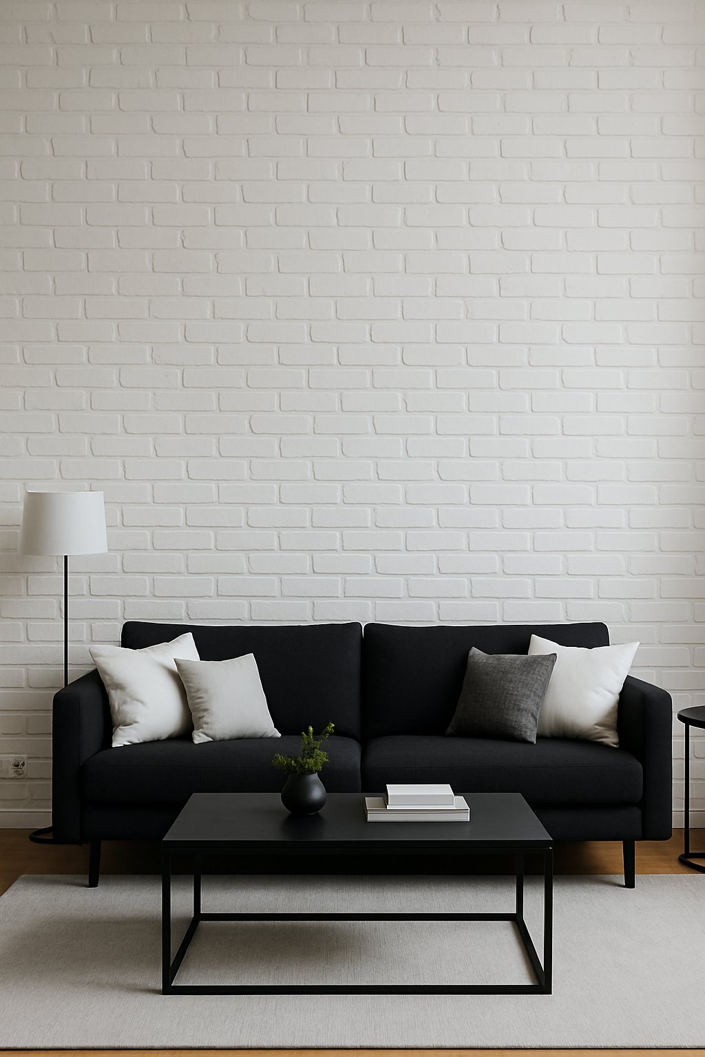 A living room with a white brick wall, black sofa, coffee table, and decorative items.