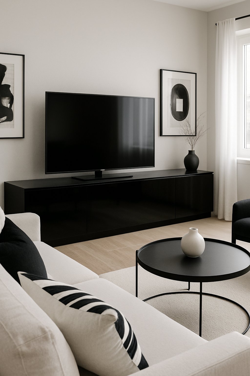 A living room with a glossy black TV console, white sofa, black and white cushions, and monochrome decor.