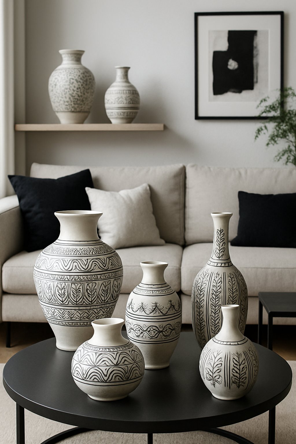 A living room with white ceramic vases featuring black patterns arranged on shelves and tables, surrounded by black and white furniture and decor.