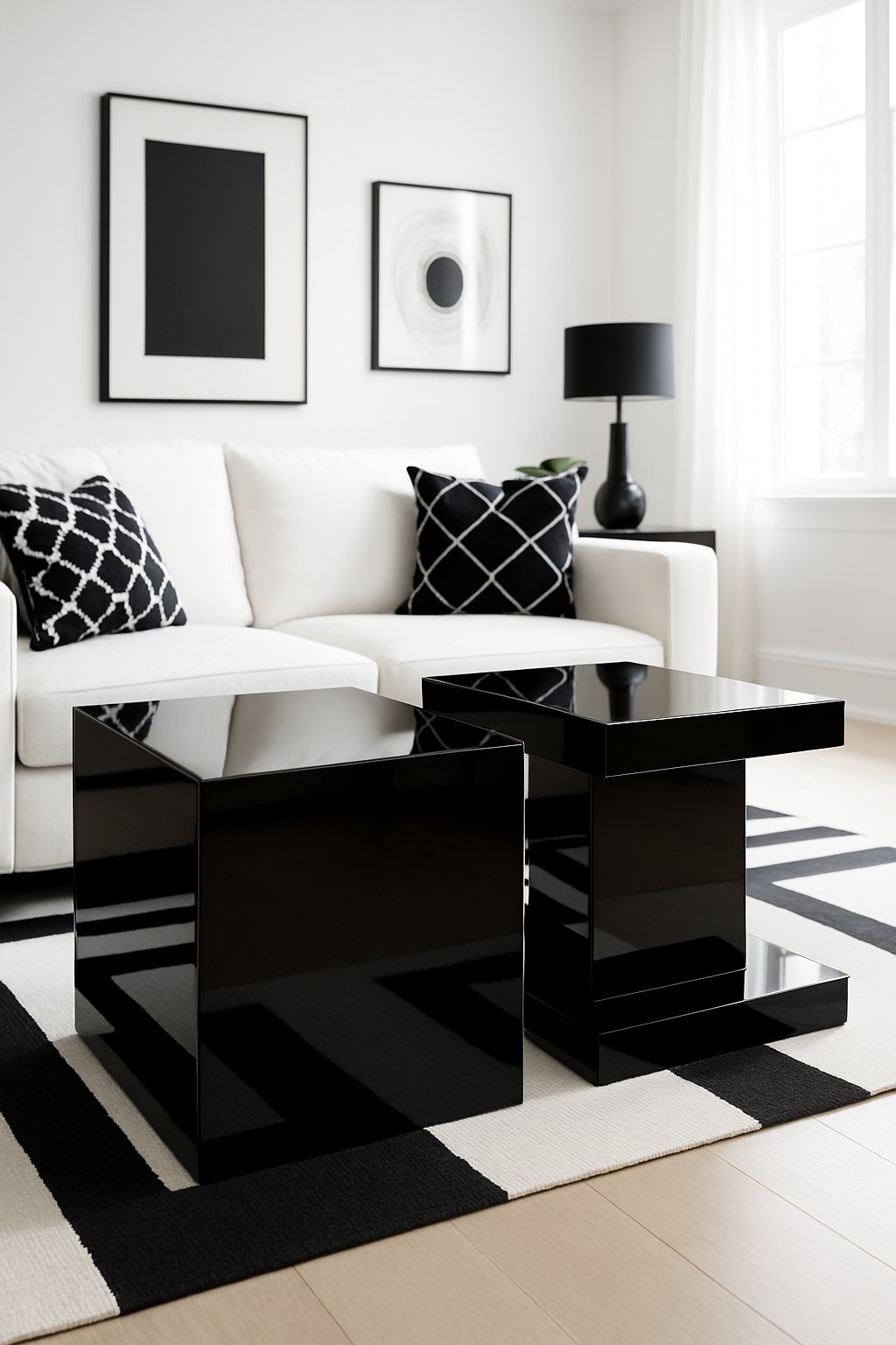 A living room with black lacquer side tables next to a white sofa with black and white cushions, a black and white rug, and large windows letting in natural light.