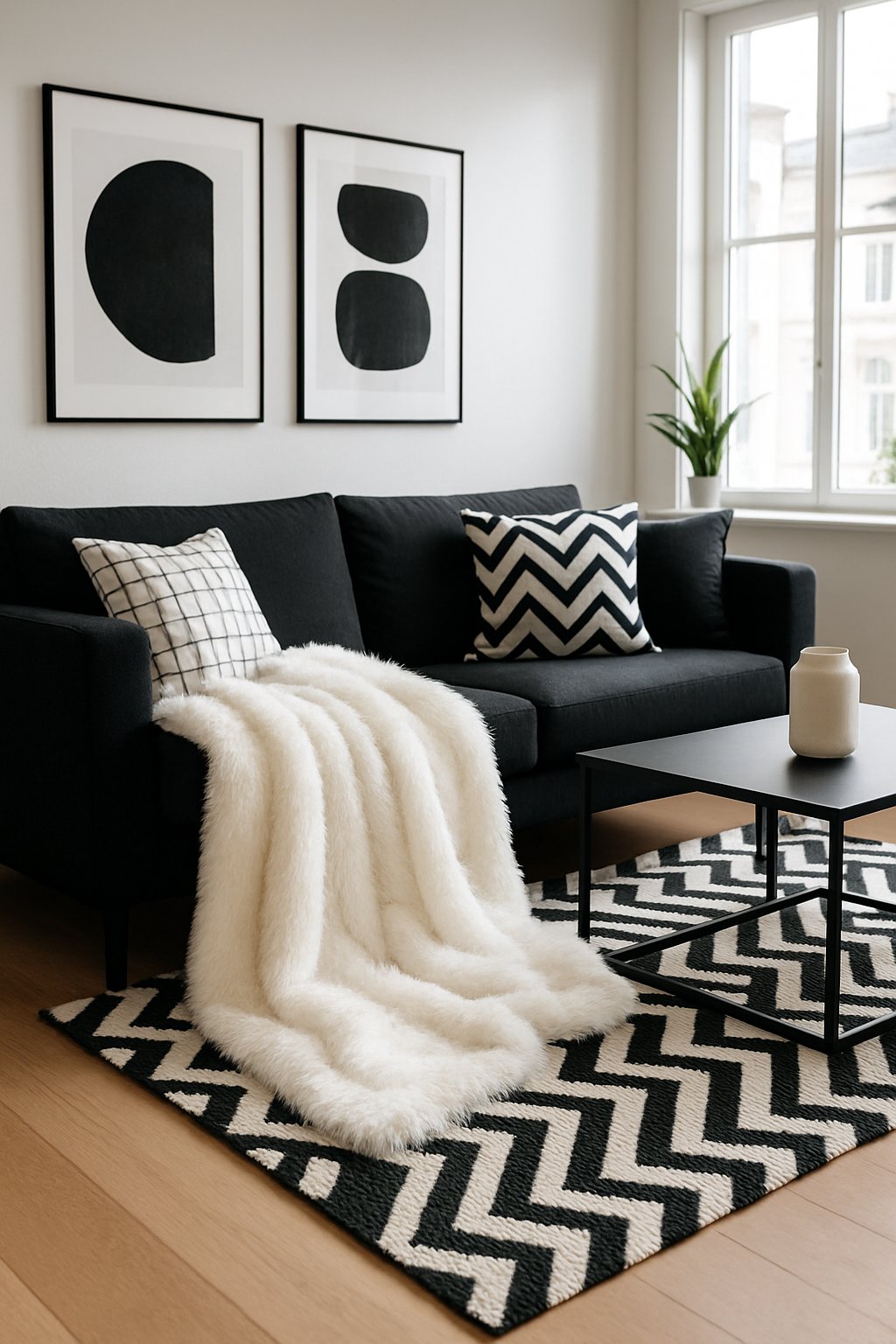 A black and white living room with a white faux fur throw blanket on a black sofa, featuring cushions, a coffee table, and wall art.