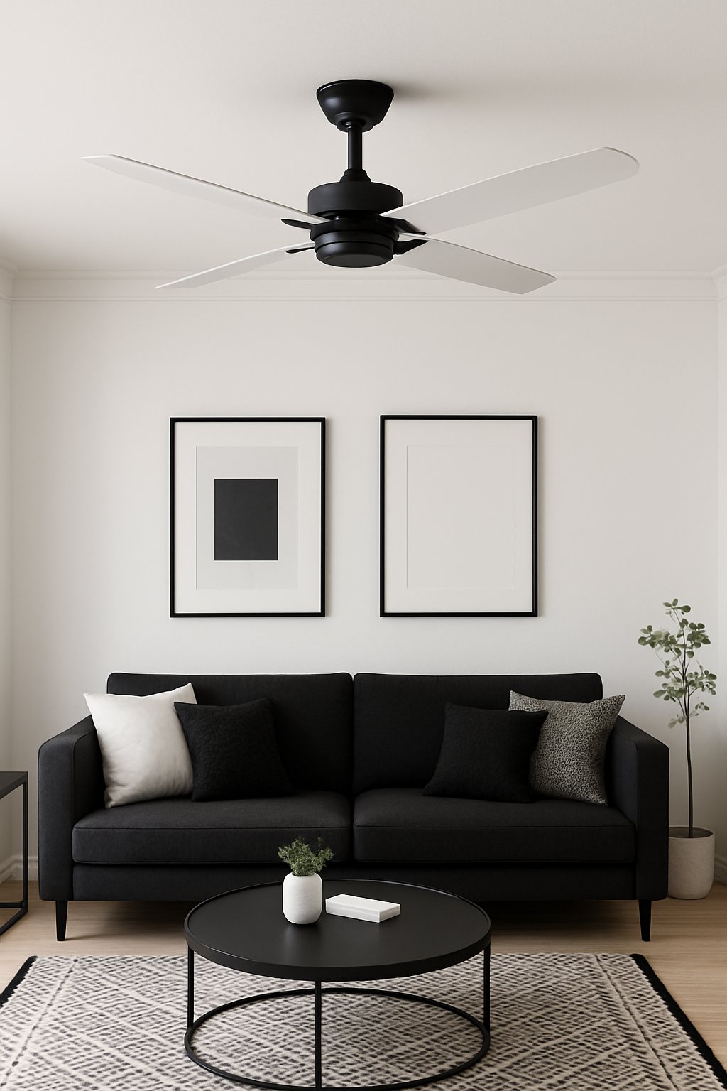 Living room with a black ceiling fan with white blades and black and white furniture and decor.