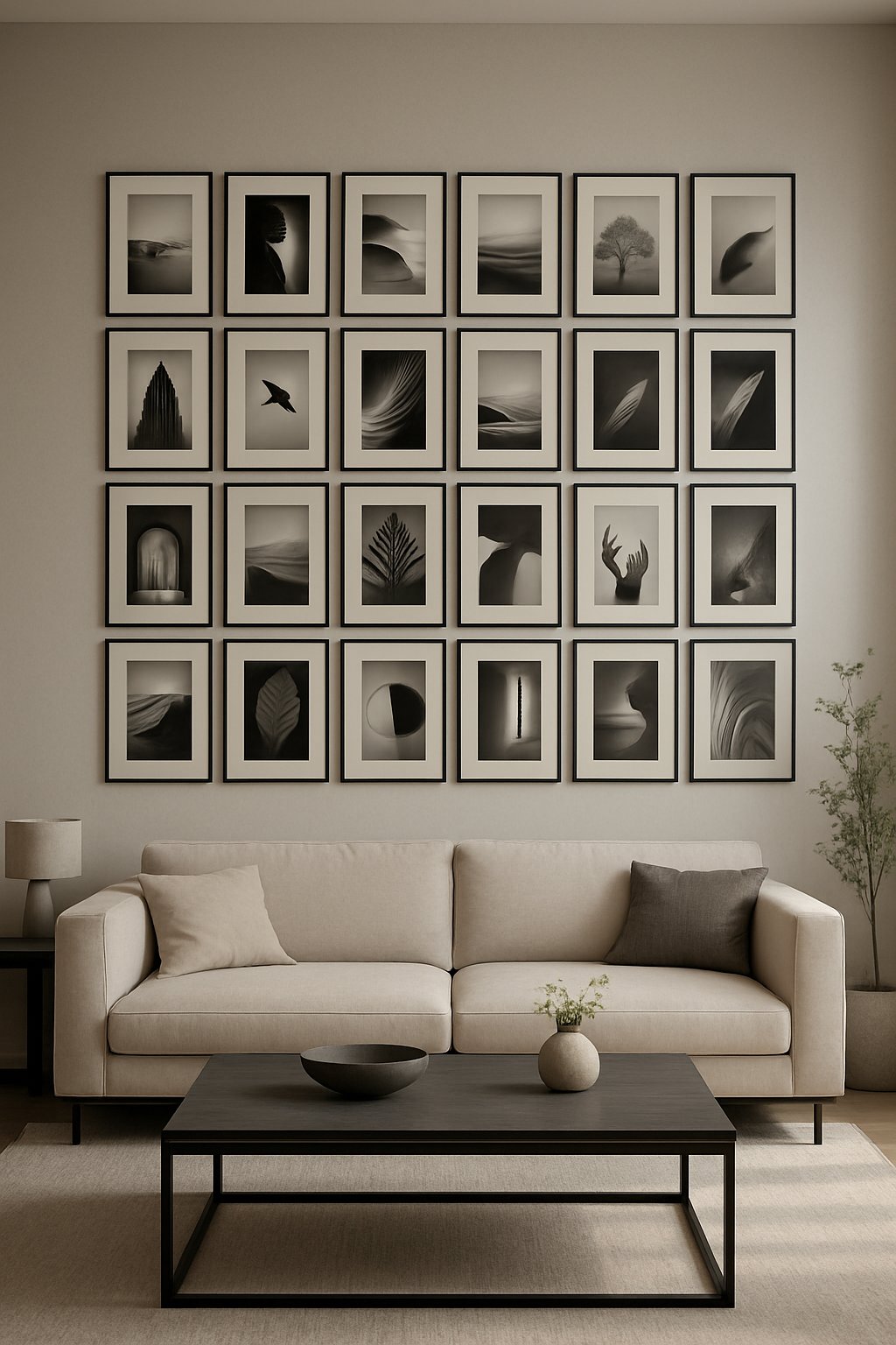 A living room with a sofa, coffee table, and a wall covered with multiple black and white framed photographs.