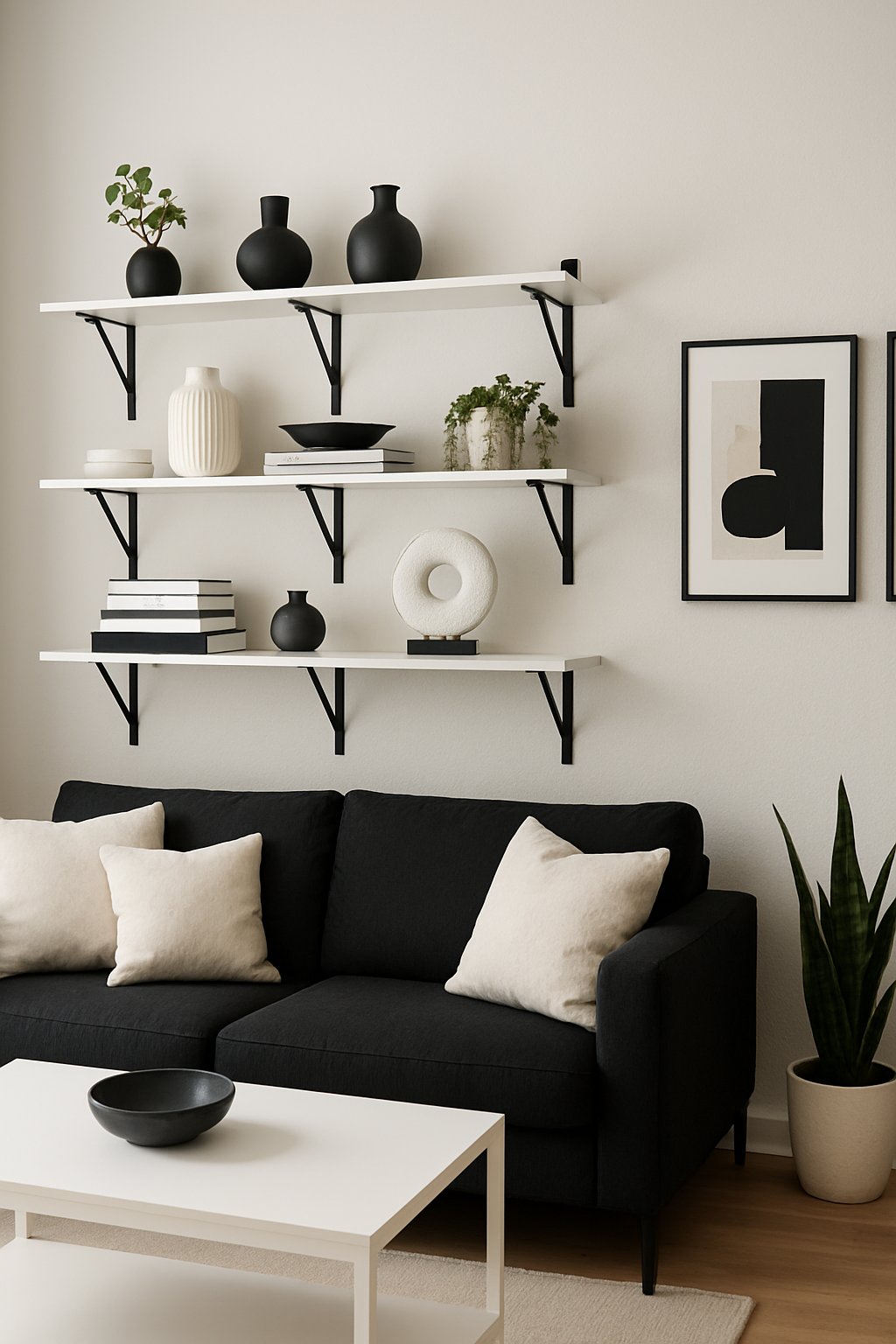 Living room with white shelves mounted on the wall with black brackets, decorated with black and white items, and a black sofa with white cushions.