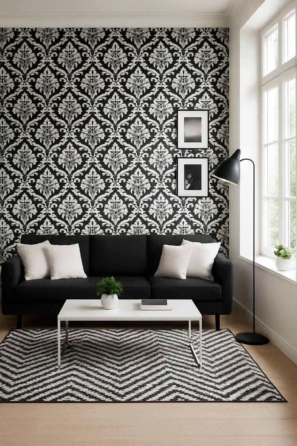 A living room with black and white patterned wallpaper, a black sofa with white cushions, a white coffee table, and a floor lamp near large windows.
