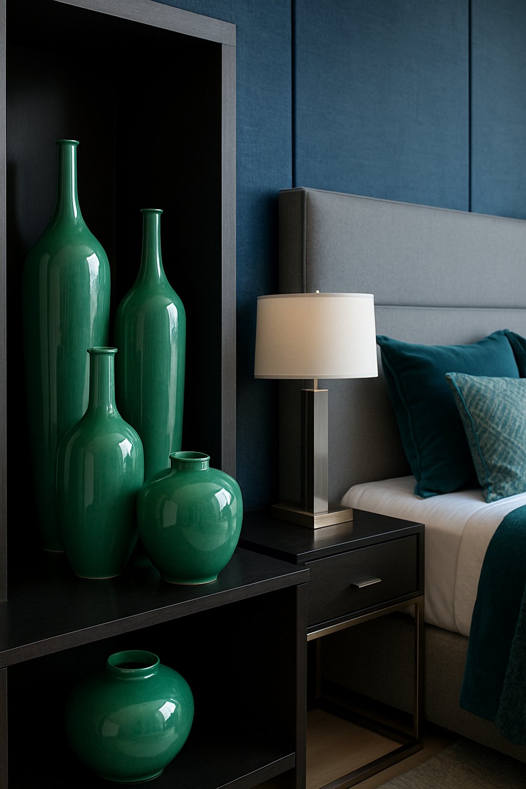A collection of jade green ceramic vases arranged on a shelf in a bedroom with blue and green decor