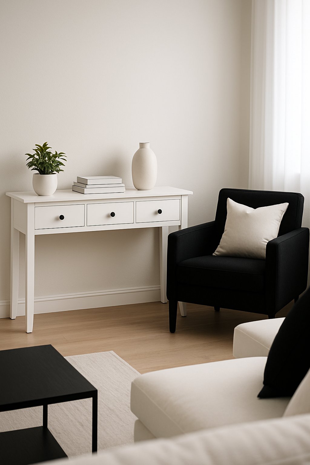 Living room with a white console table with black knobs, black armchair, and decorative items on the table.