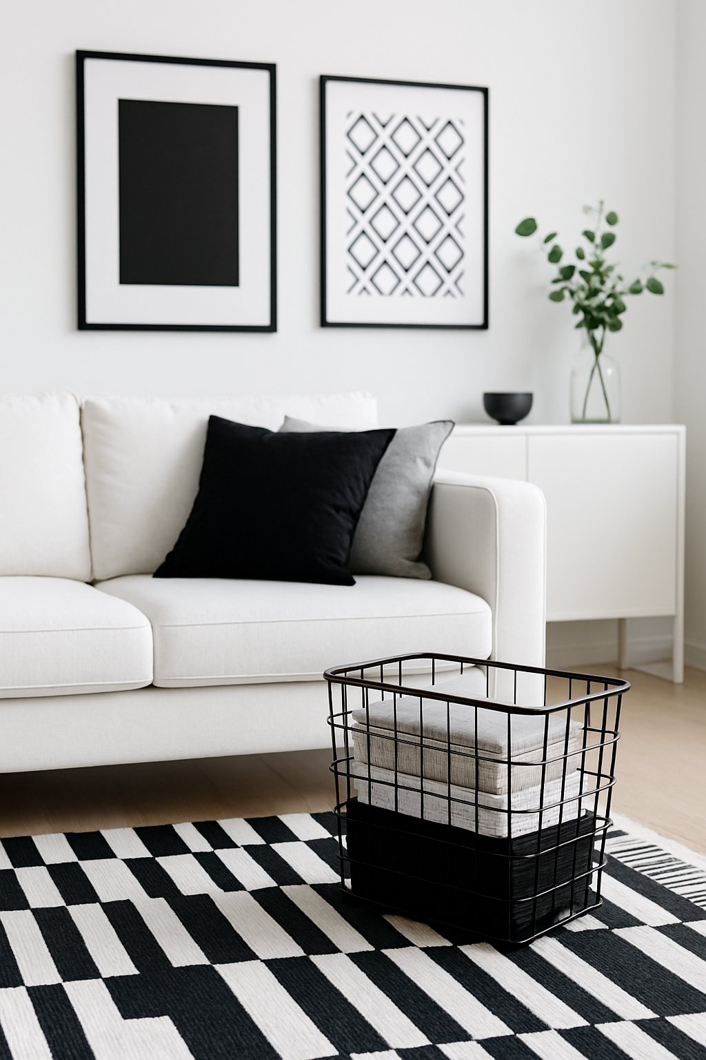 A living room with a black wire basket used for storage next to a white sofa, featuring black and white decor.