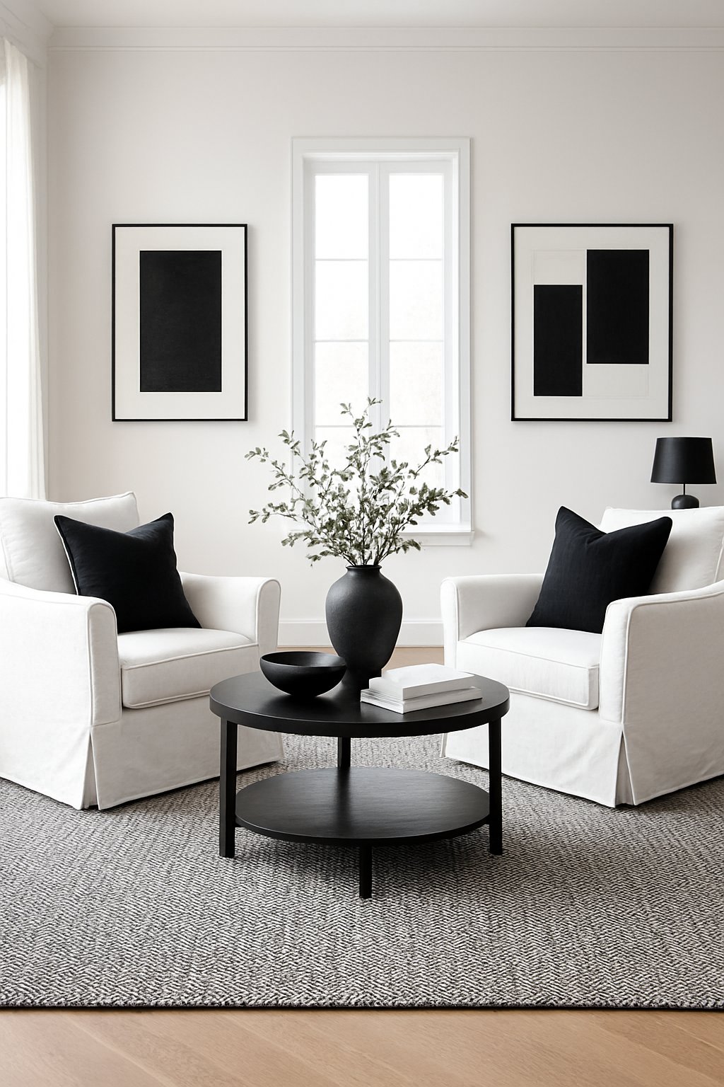 A living room with two white slipcovered armchairs and black and white decor, including a rug, coffee table, and wall art.