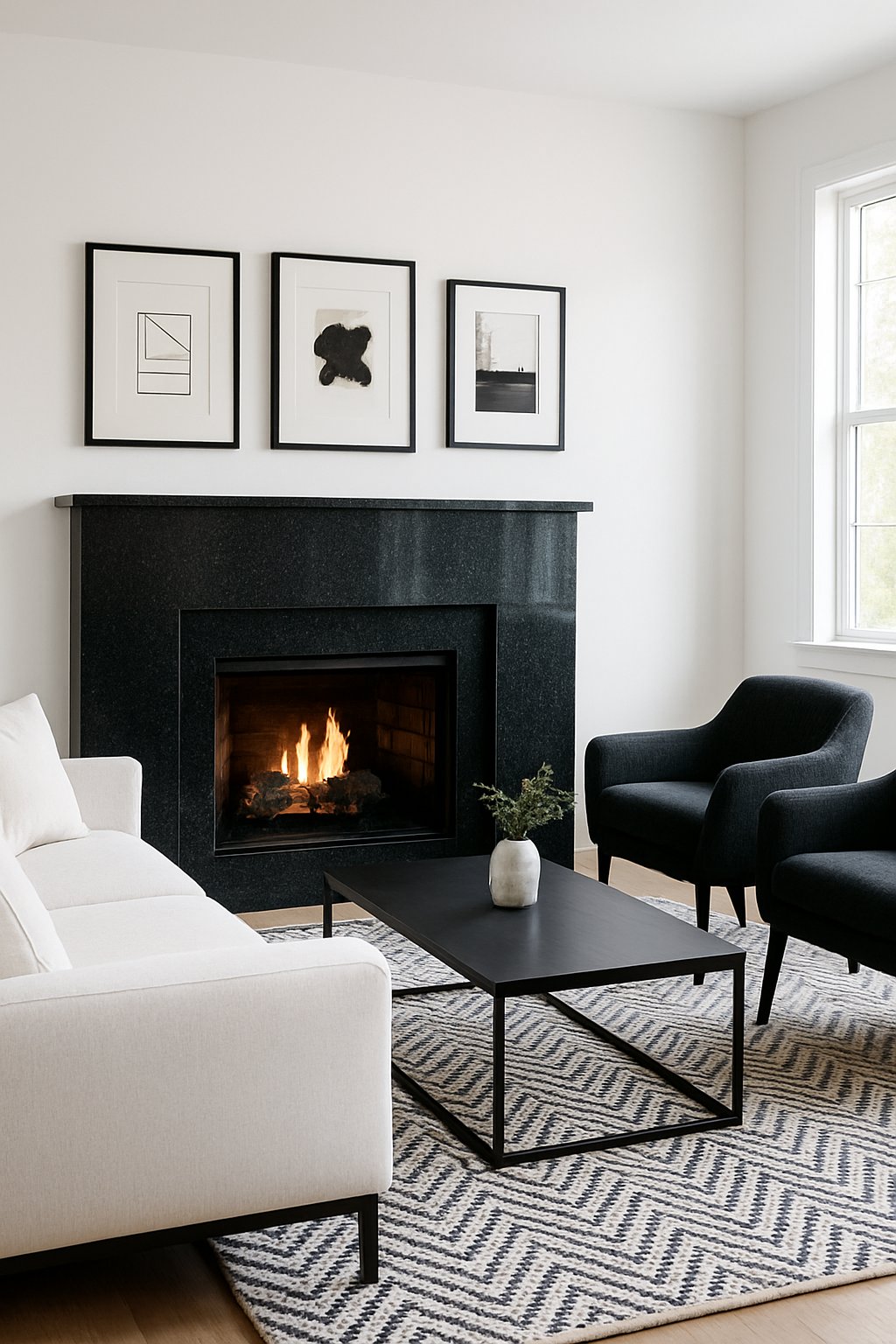 Living room with a black granite fireplace surround, white sofa, black chairs, and framed artwork on the walls.