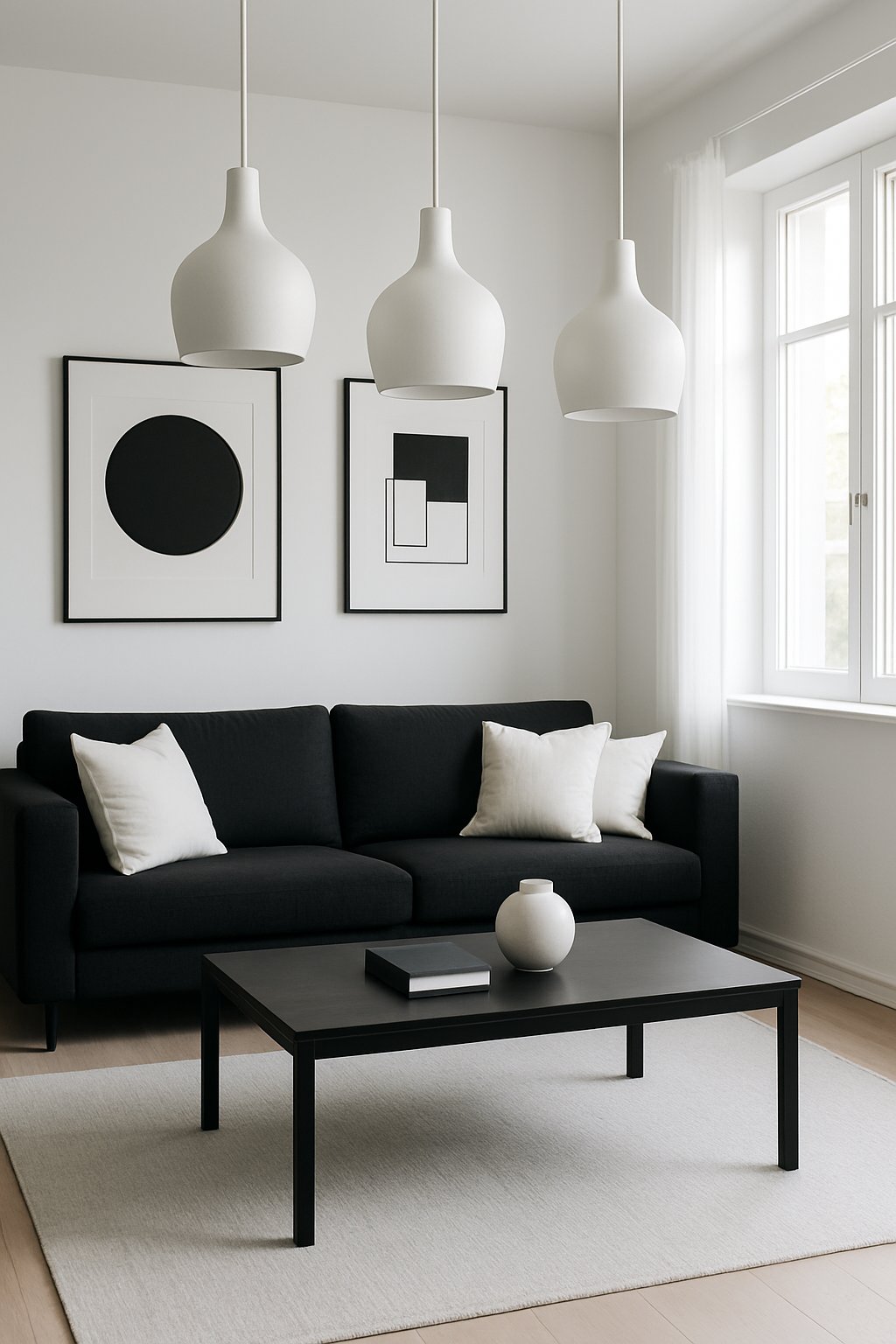 A living room with white ceramic pendant lights hanging above a black sofa and a black coffee table, with black and white artwork on the walls.