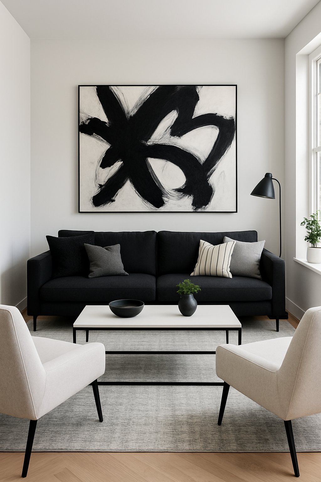 A modern living room with black and white furniture and a large abstract painting on the wall.