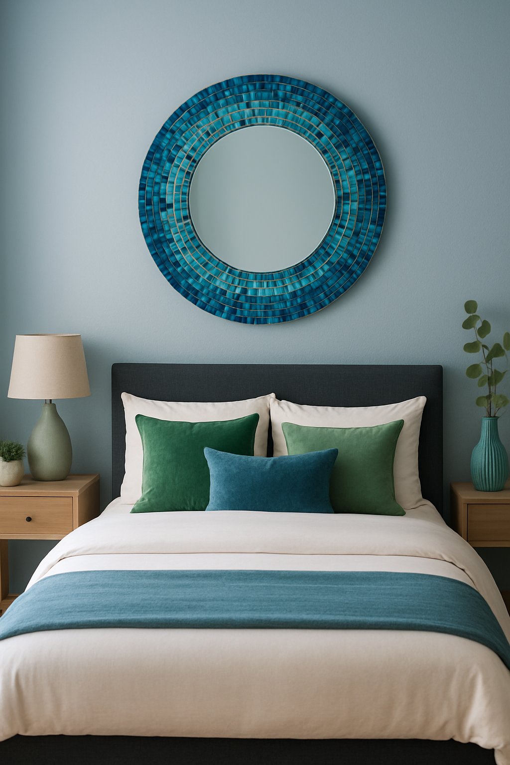 A blue and teal mosaic mirror hangs above a bed in a room with blue and green decor