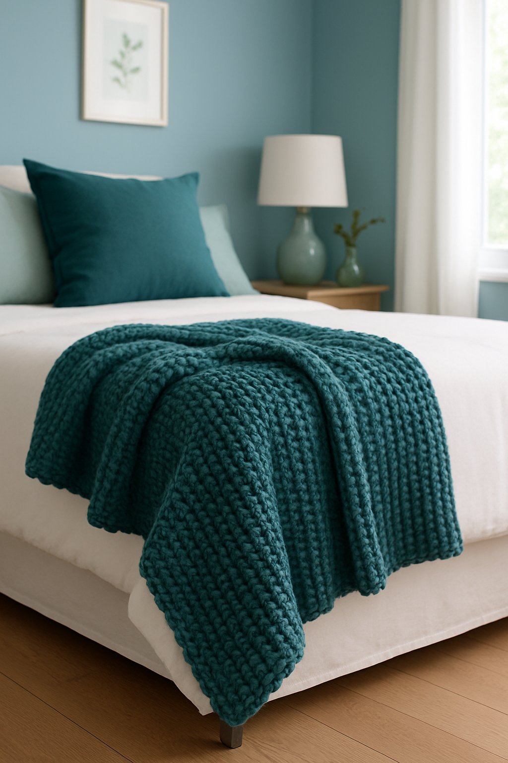 A cozy teal knitted throw blanket drapes over a bed in a bedroom with blue and green decor