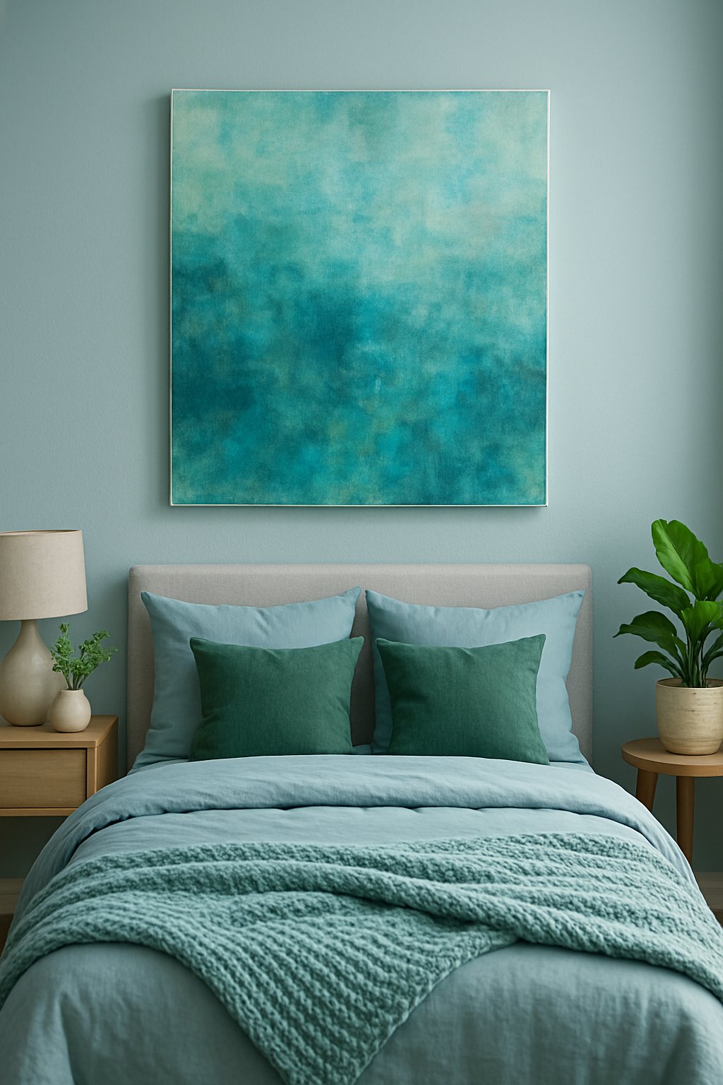 A blue-green abstract canvas hangs on the wall of a serene bedroom with blue and green decor