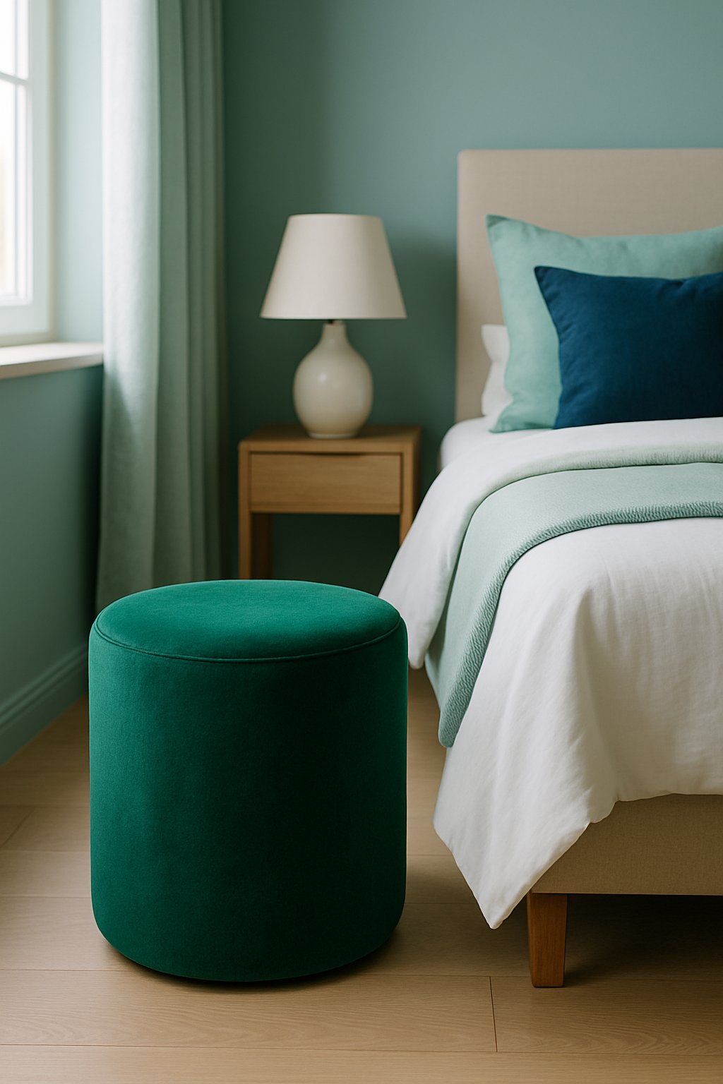 An emerald green bedside stool sits in a serene bedroom adorned with various shades of blue and green