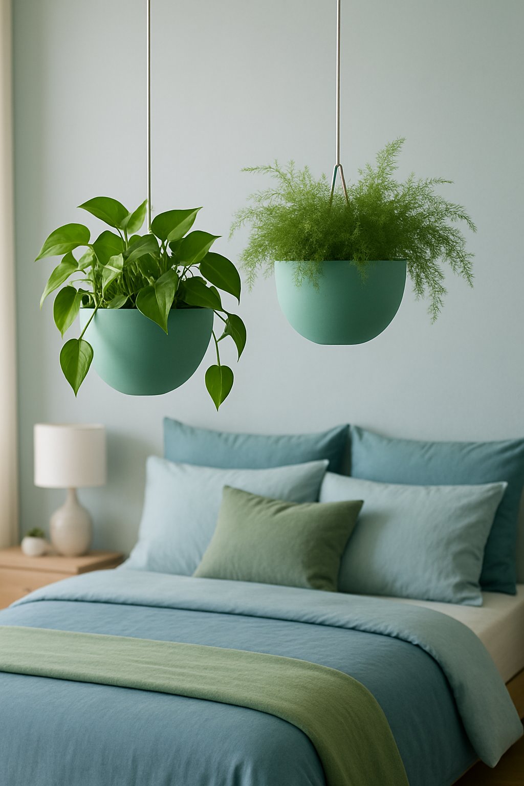 Light turquoise plant holders hang from the ceiling in a bedroom filled with blue and green decor