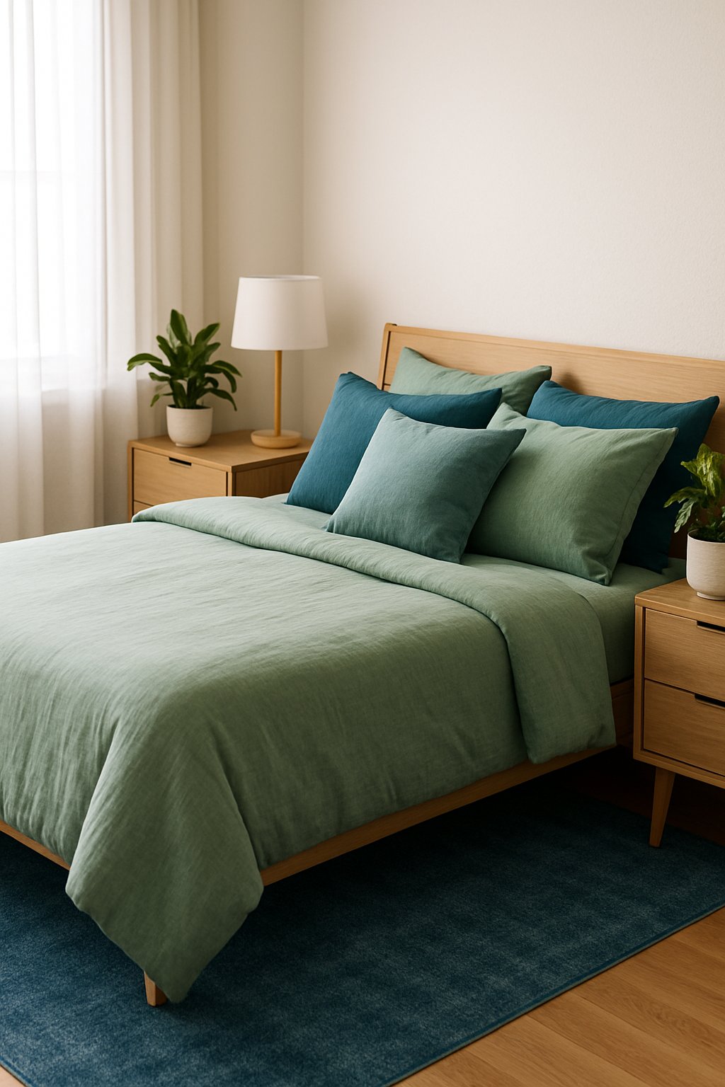 A cozy bedroom with sage green linen bedding, adorned with blue and green accents throughout the room