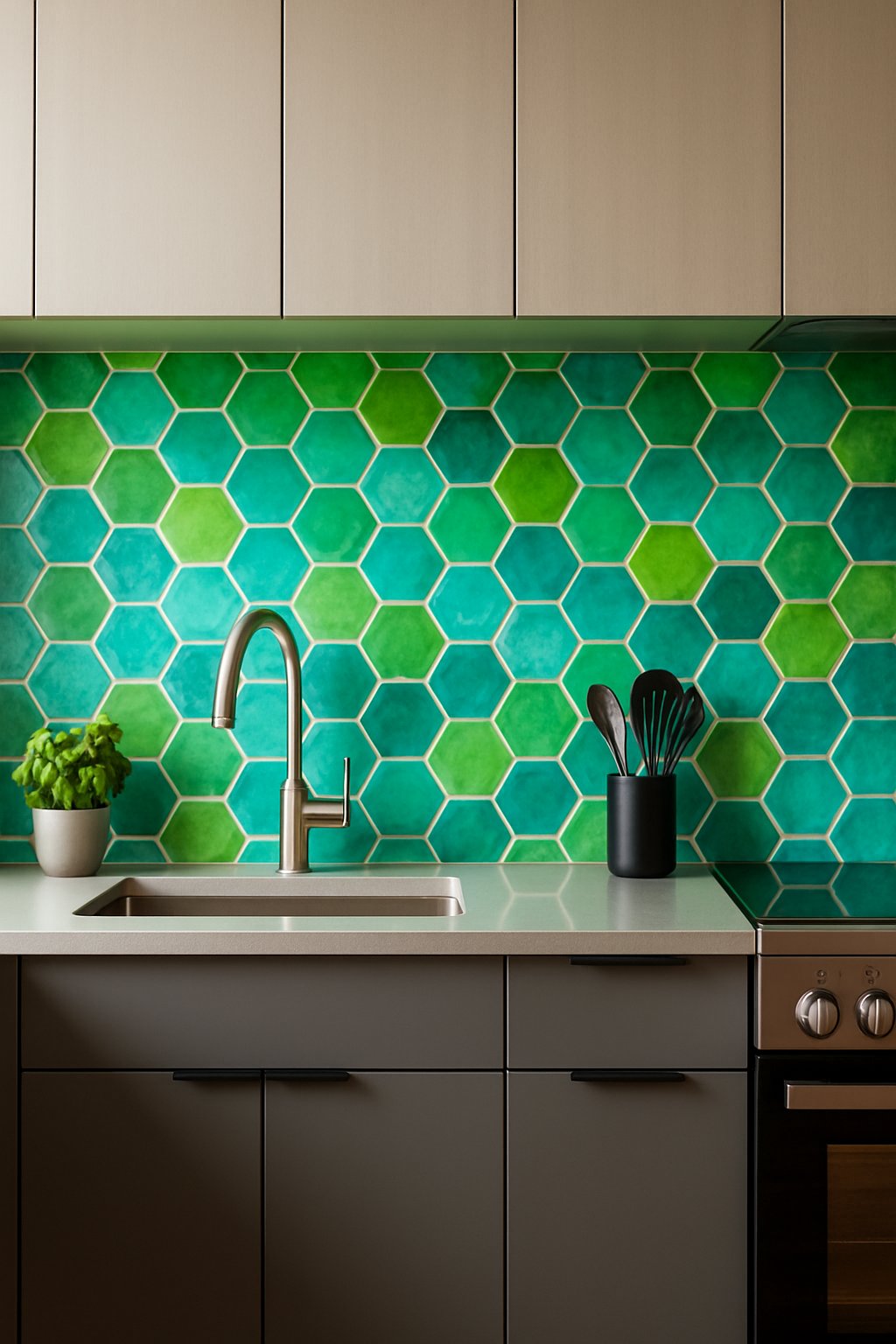 A kitchen with a green and blue hex tile backsplash, creating a vibrant and modern feel