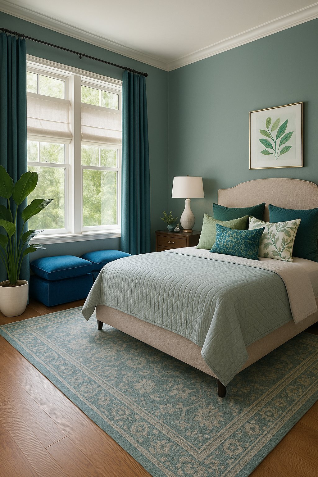 A luxurious blue and green bedroom featuring a Cobalt blue floor cushions on windowsill to sit