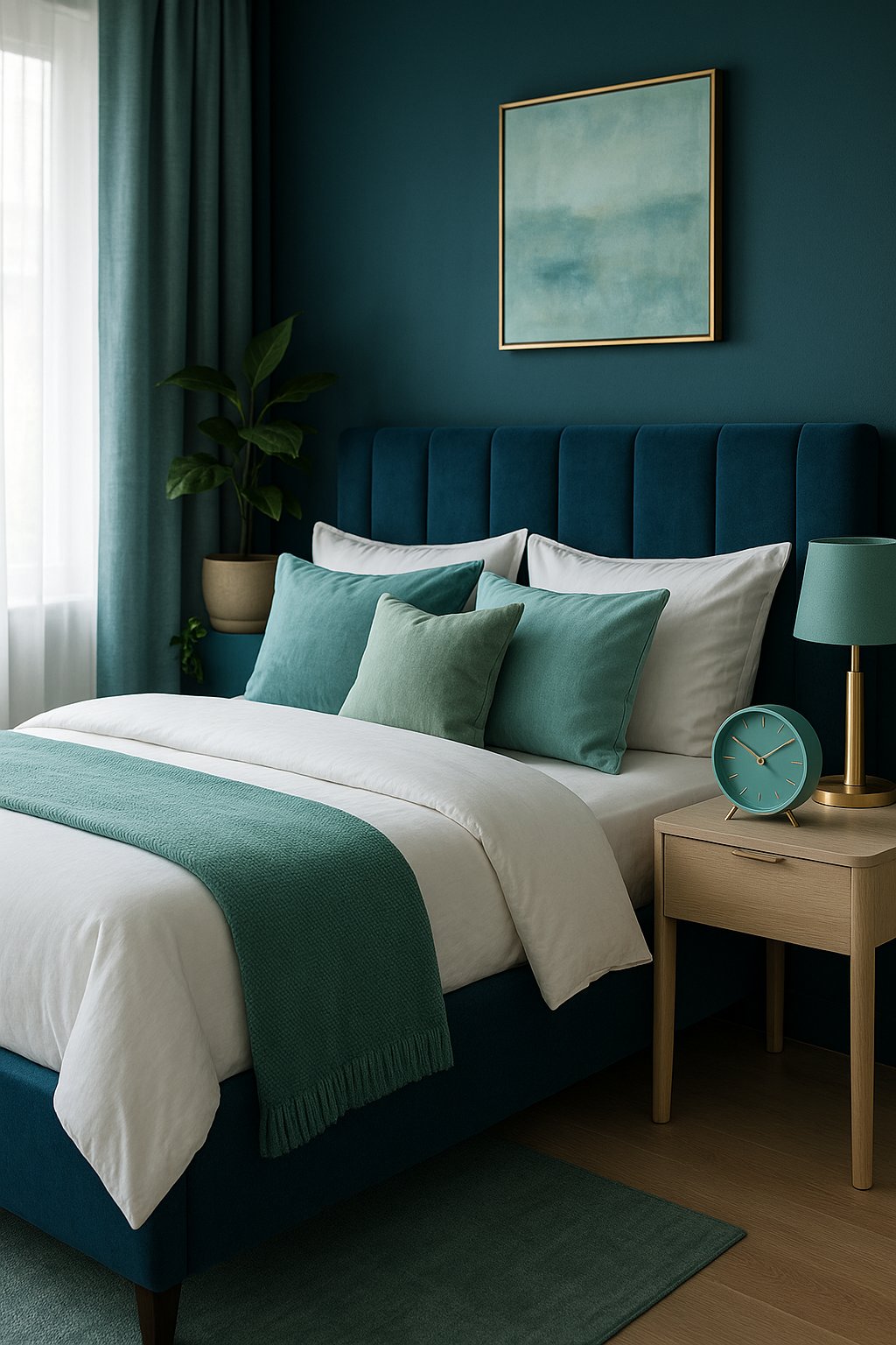 A sea glass green bedside clock sits on a nightstand in a bedroom adorned with blue and green decor