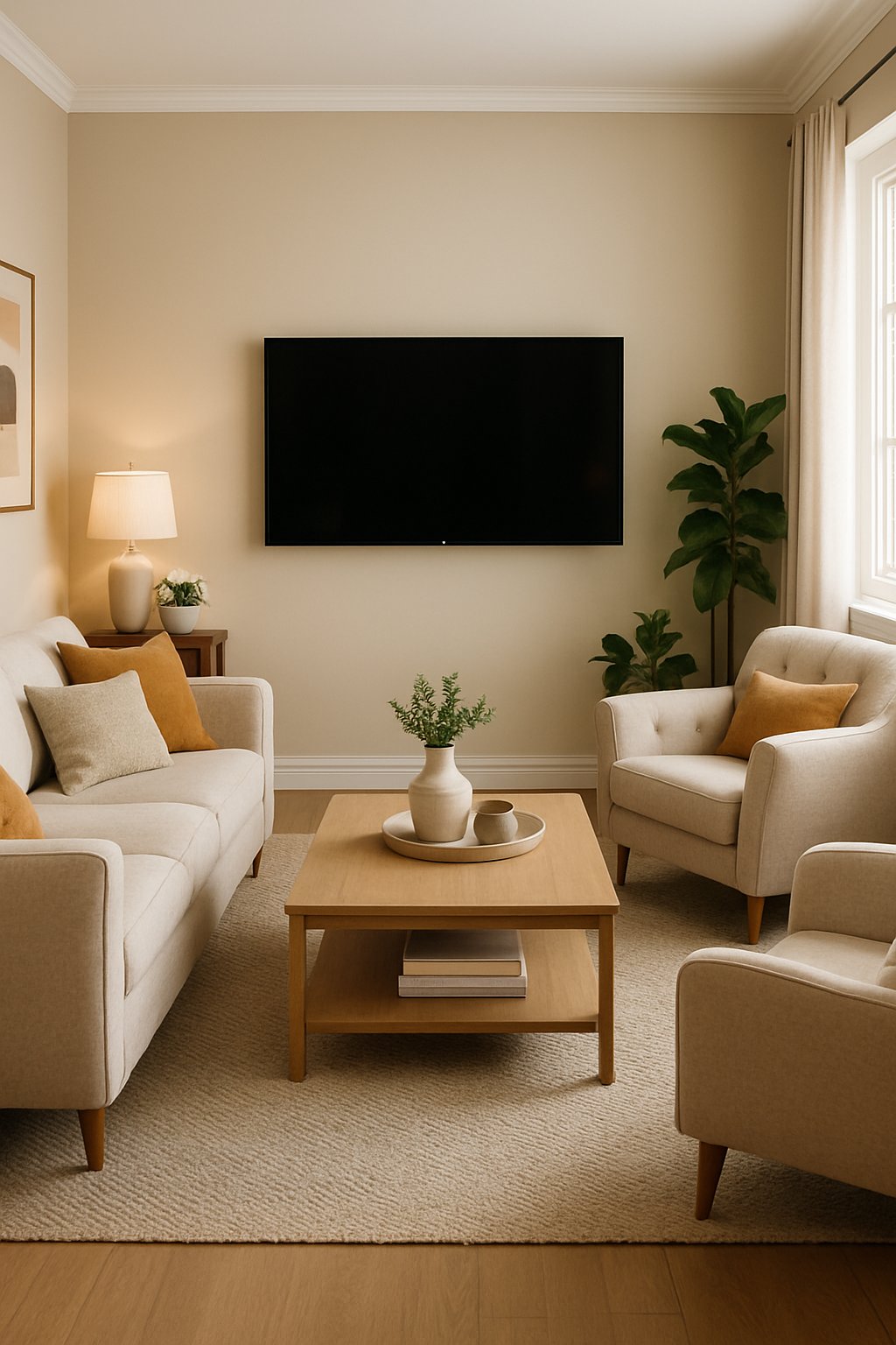 A cozy living room with a wall-mounted TV, surrounded by comfortable seating and stylish decor