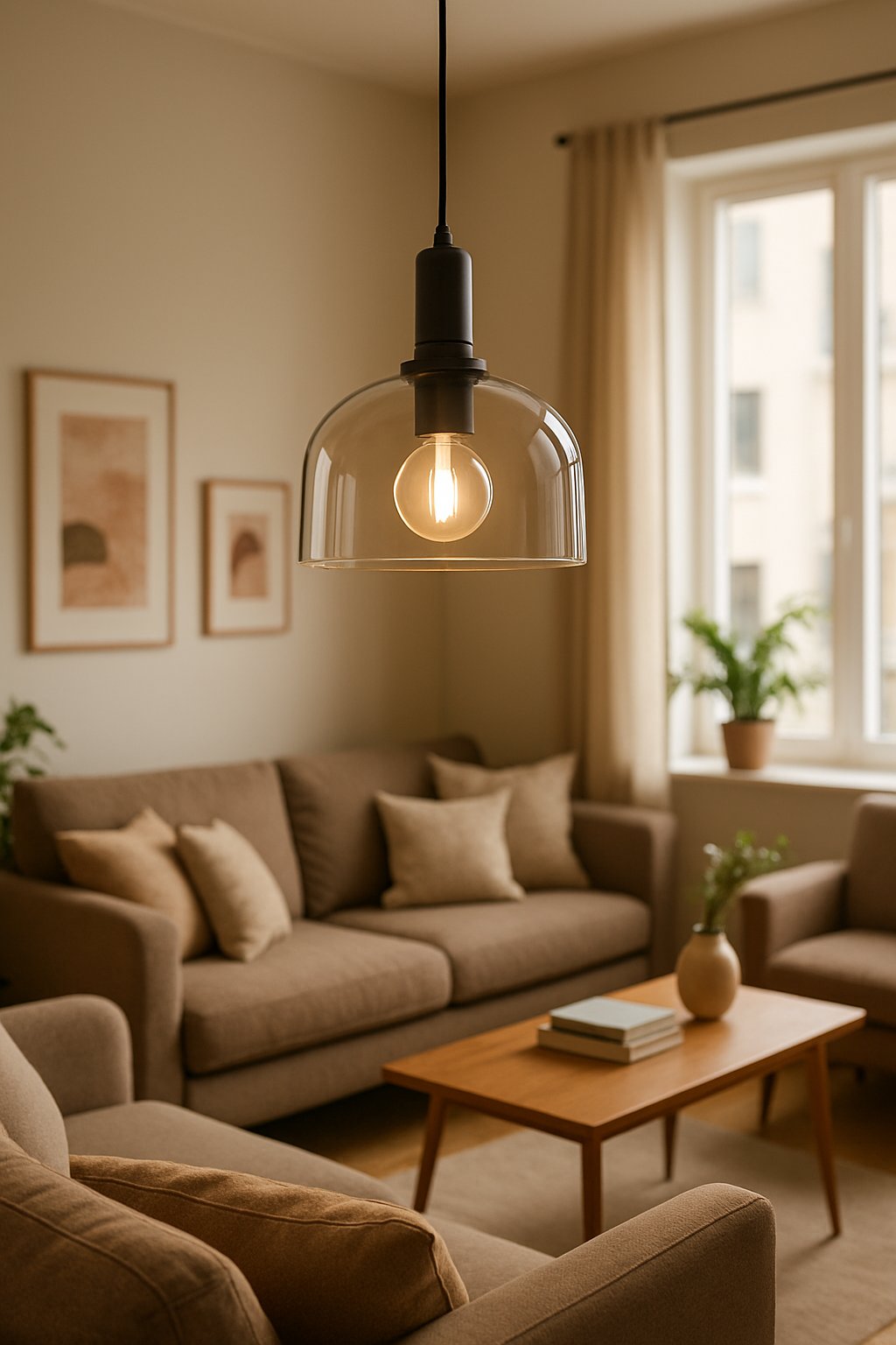A modern pendant light hangs over a cozy apartment living room with stylish decor and comfortable seating