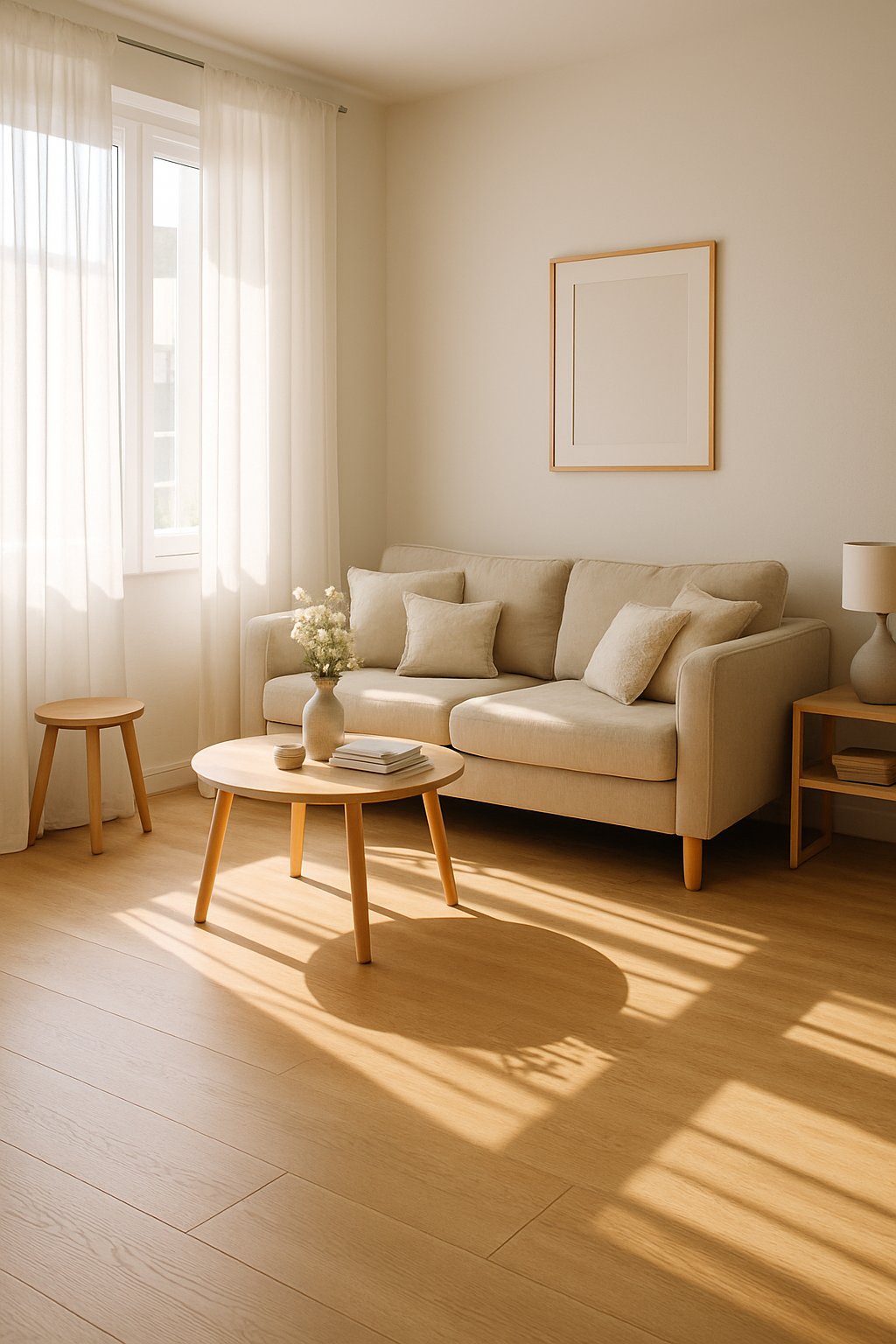 Sunlight streams through sheer curtains in a cozy apartment living room, creating a warm and inviting atmosphere