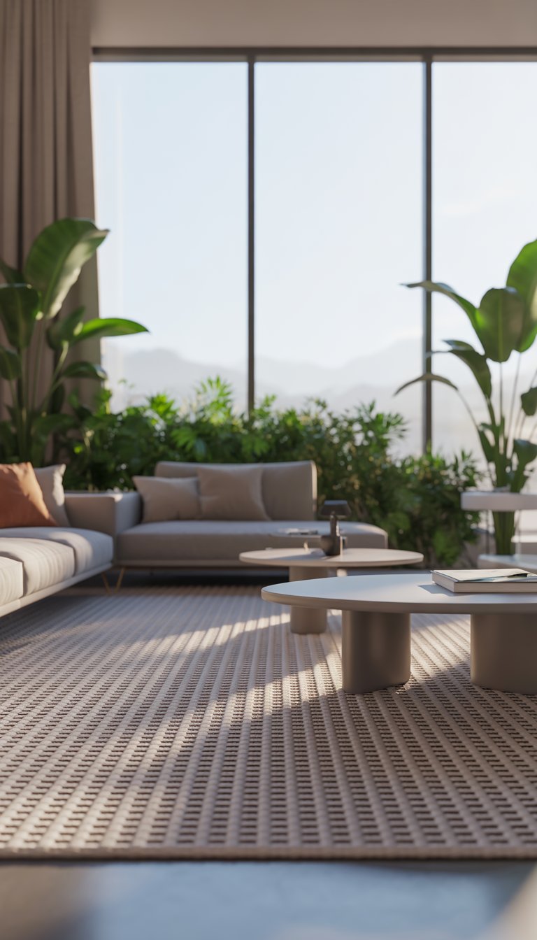 25 Stunning Living Room Ideas for Cozy Vibes 2 A modern living room with a large geometric patterned rug in the center, a sofa, coffee tables, plants, and large windows letting in natural light.