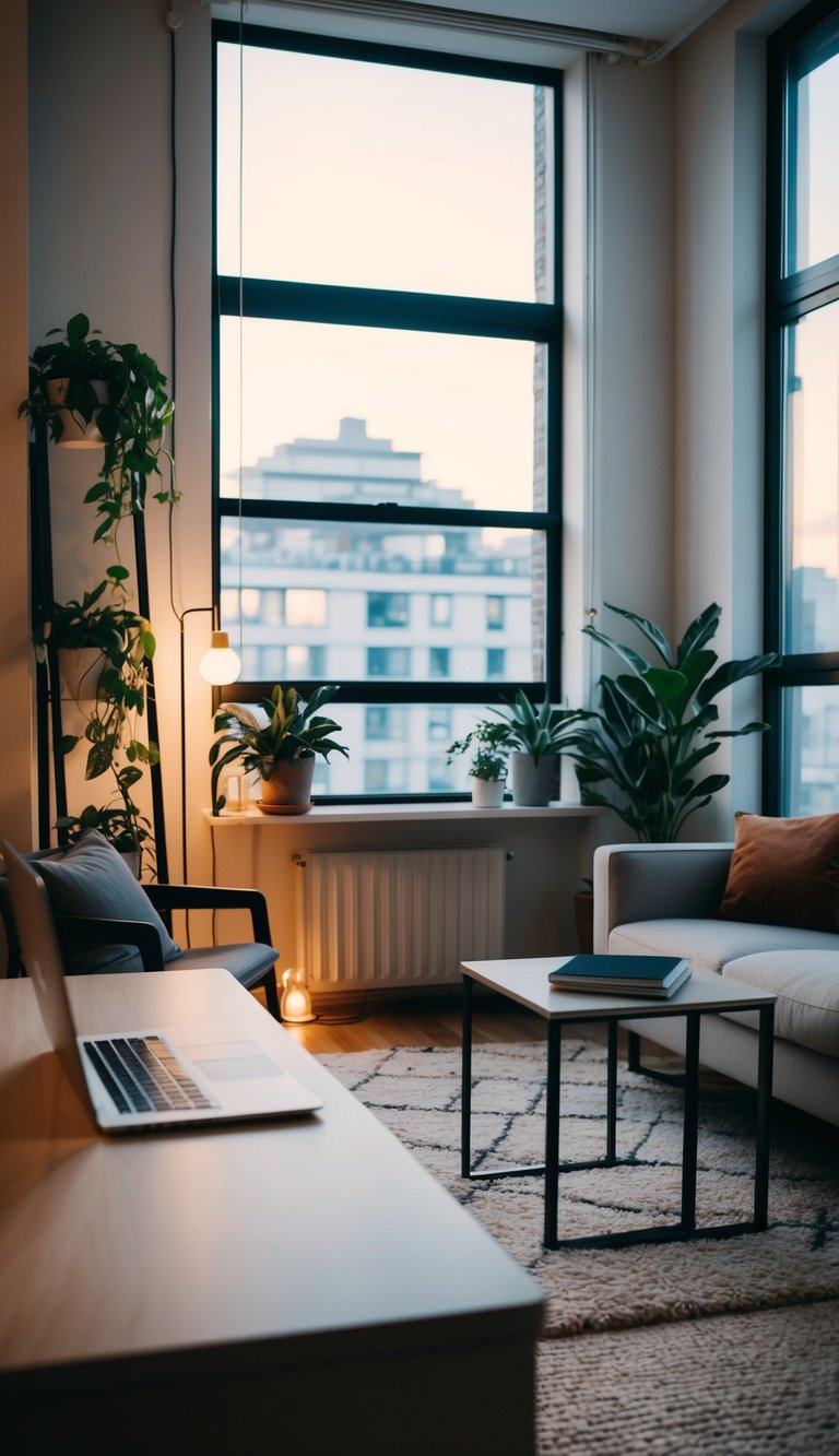 A cozy apartment room with a large window, plants, and warm lighting. A comfortable seating area and a minimalist desk with a laptop