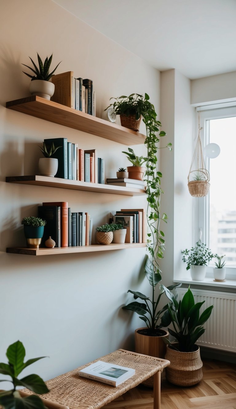 Floating shelves hold books, plants, and decor in a cozy apartment room