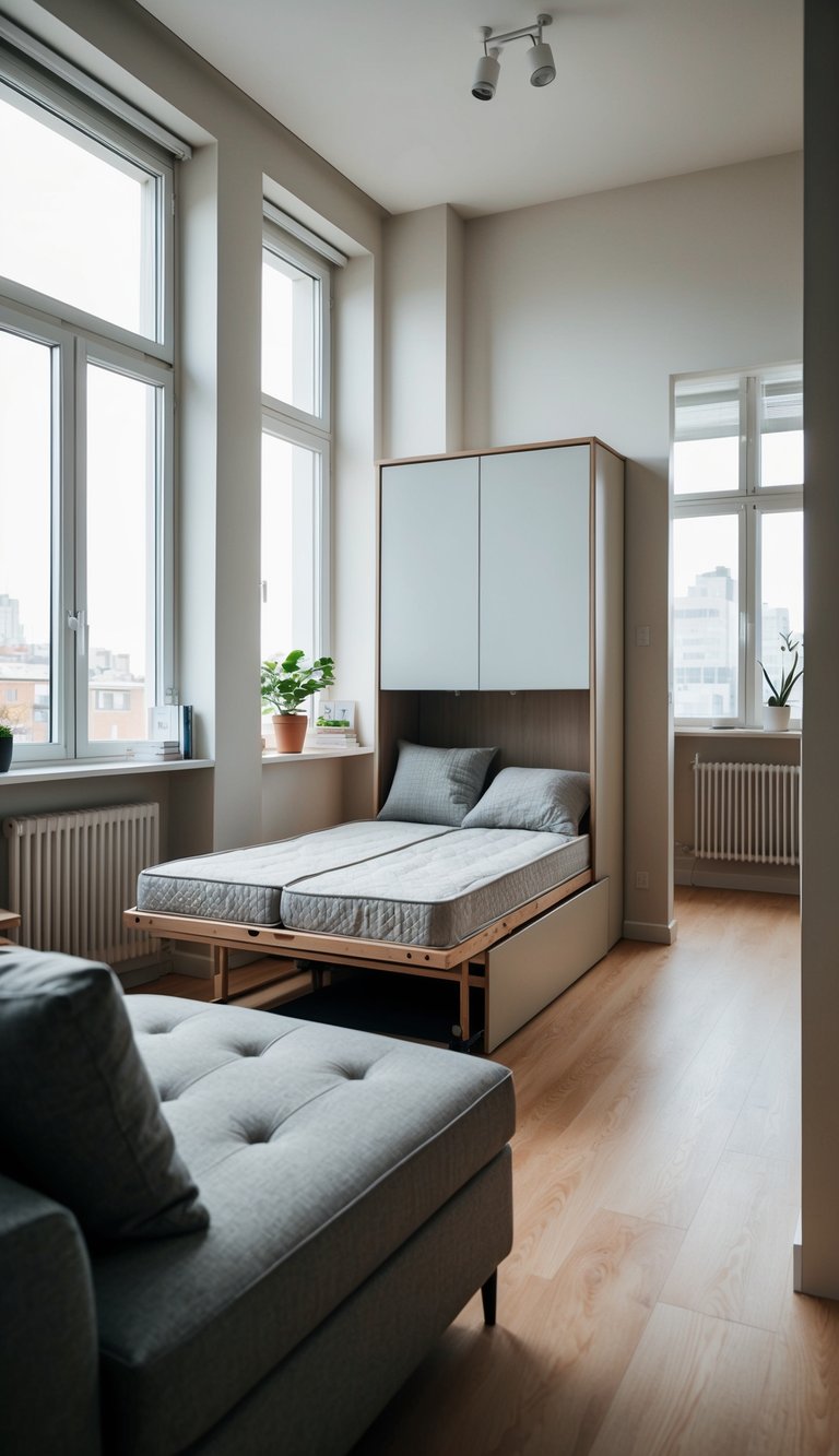 A cozy studio apartment with a fold-out Murphy bed, surrounded by stylish and space-saving furniture, large windows letting in natural light, and a minimalist color scheme