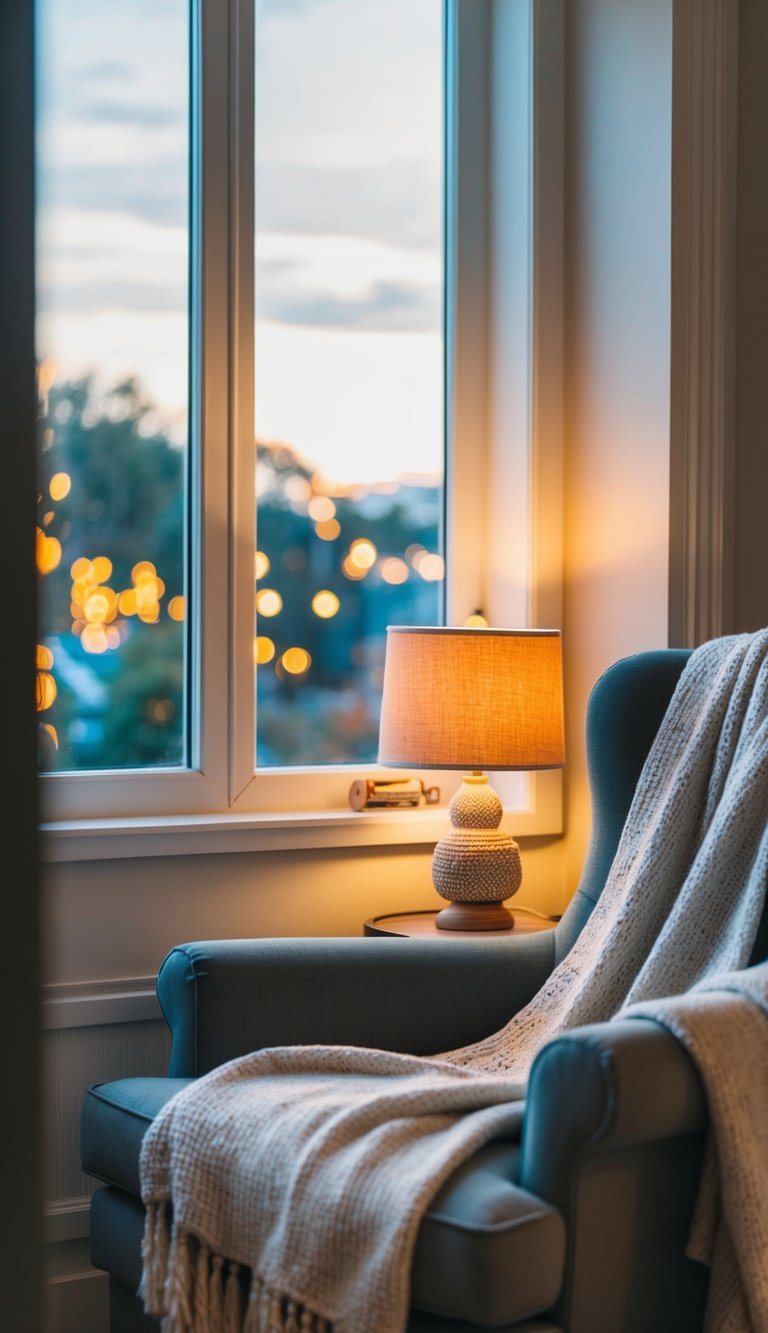 A cozy reading nook by the window, with a comfortable armchair, soft throw blanket, and a small side table with a warm lamp