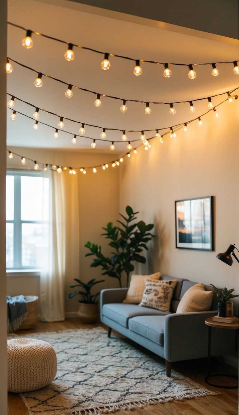 String lights drape across the ceiling, casting a warm glow over a cozy apartment room