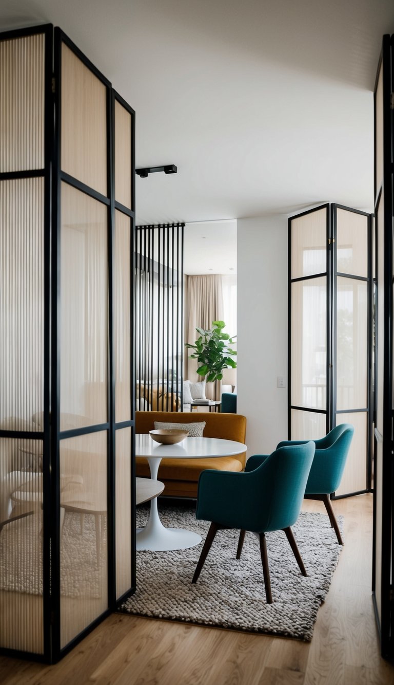 Room dividers create cozy zones in open-plan apartment. Reading nook, dining area, and work space all defined by stylish screens