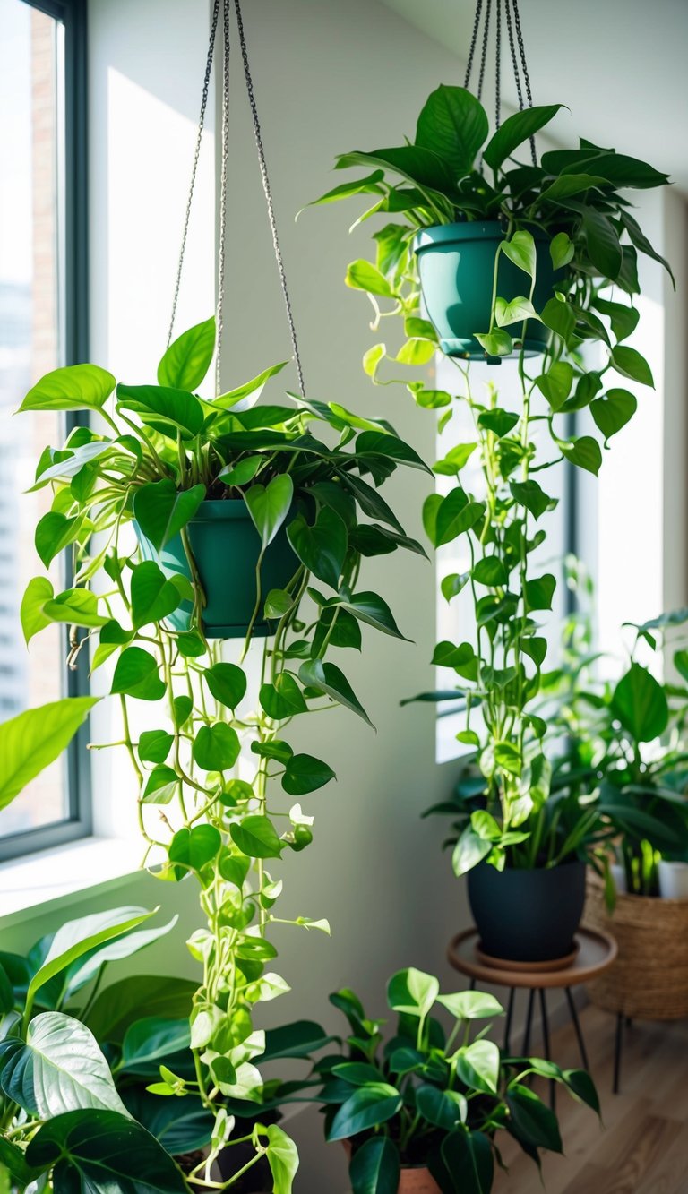 Lush green pothos cascading from hanging planters in a sunlit apartment room, surrounded by other thriving indoor plants