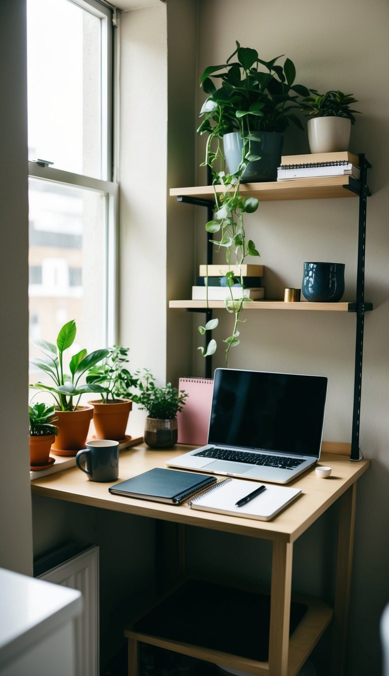 A compact desk sits in a cozy corner, surrounded by shelves and plants. A laptop and notebooks are neatly arranged on the desk, with a mug of coffee nearby