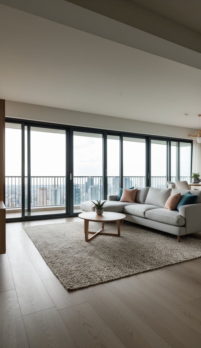 A spacious apartment room with light-colored furniture, creating an open and airy atmosphere