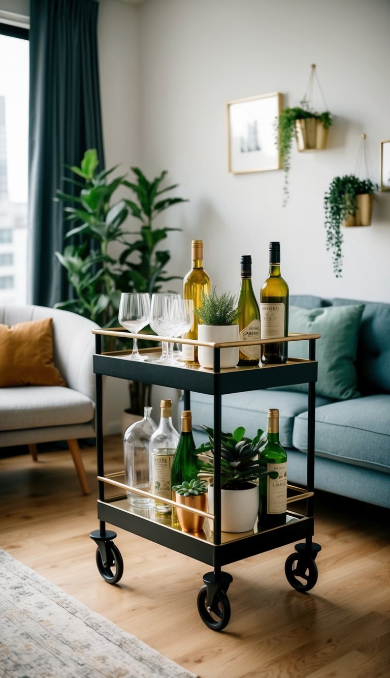 A rolling cart with bottles, glasses, and plants serves as a portable bar in a cozy apartment living room