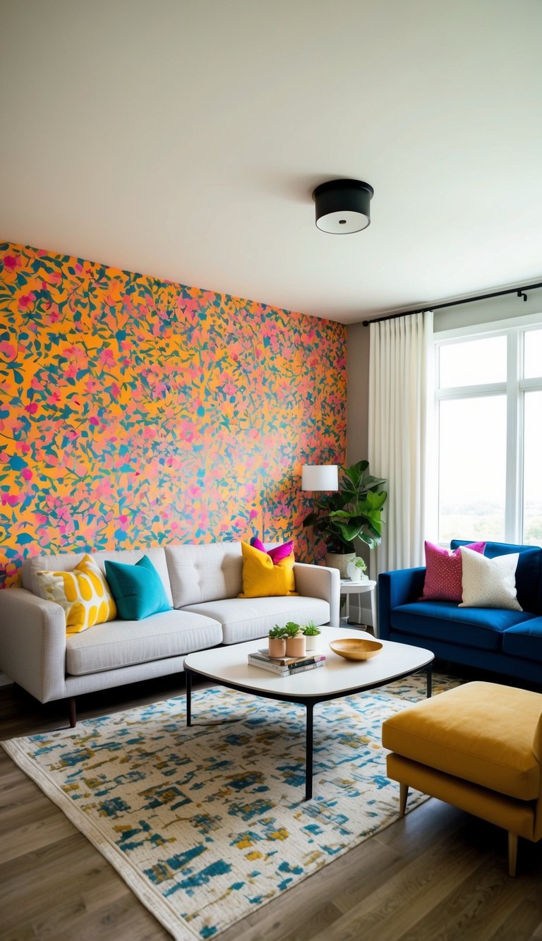 A modern living room with a vibrant peel-and-stick wallpaper accent wall, contrasting with neutral furniture and pops of color in the decor